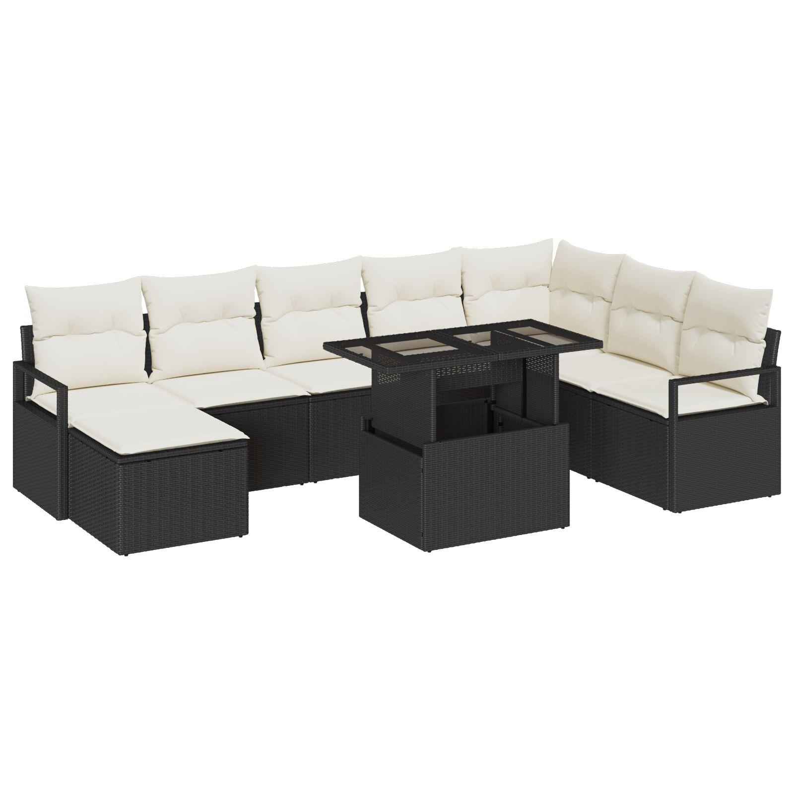 Havesofa Sæt med opbevaring 9 stk Sort Poly rattan