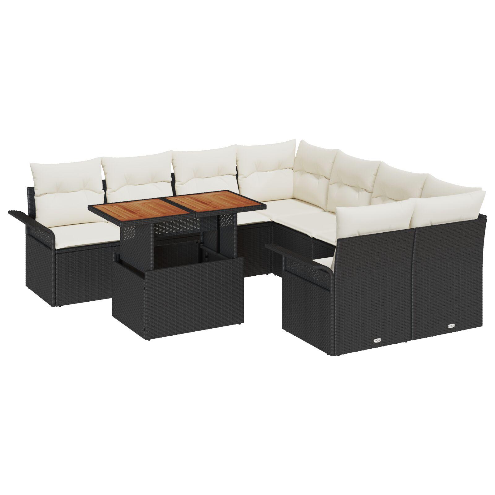 Havesofa-sæt med opbevaring - 9 dele i sort polyrattan