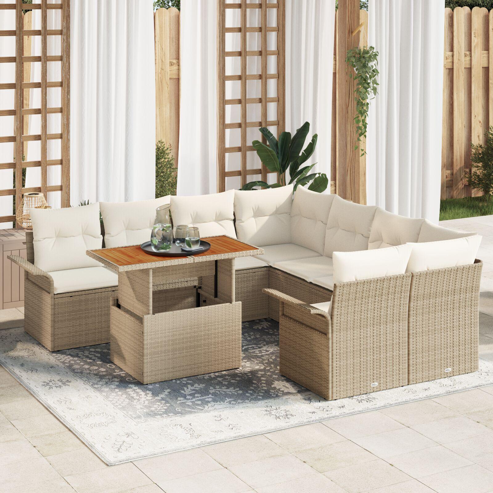 Havesofa-sæt med opbevaring, 9 dele - beige poly rattan