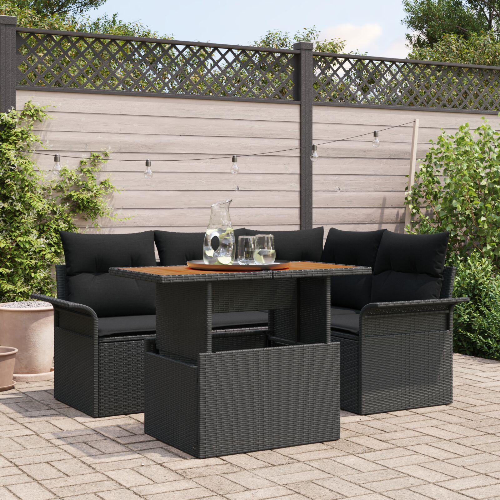 Havesofa Sæt med opbevaring 5 stk Sort Poly rattan