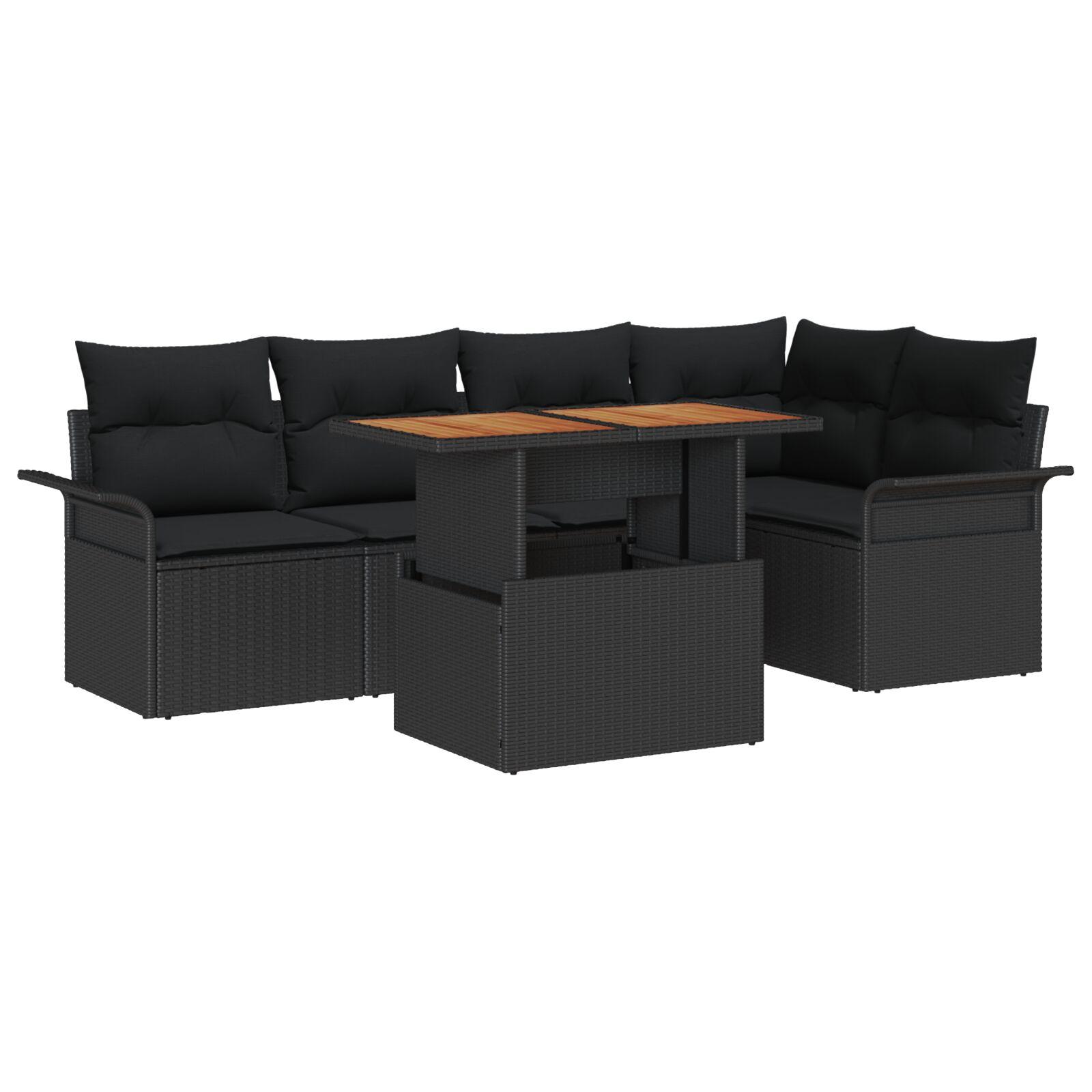 Havesofa-sæt med opbevaring, 6 dele - sort polyrattan