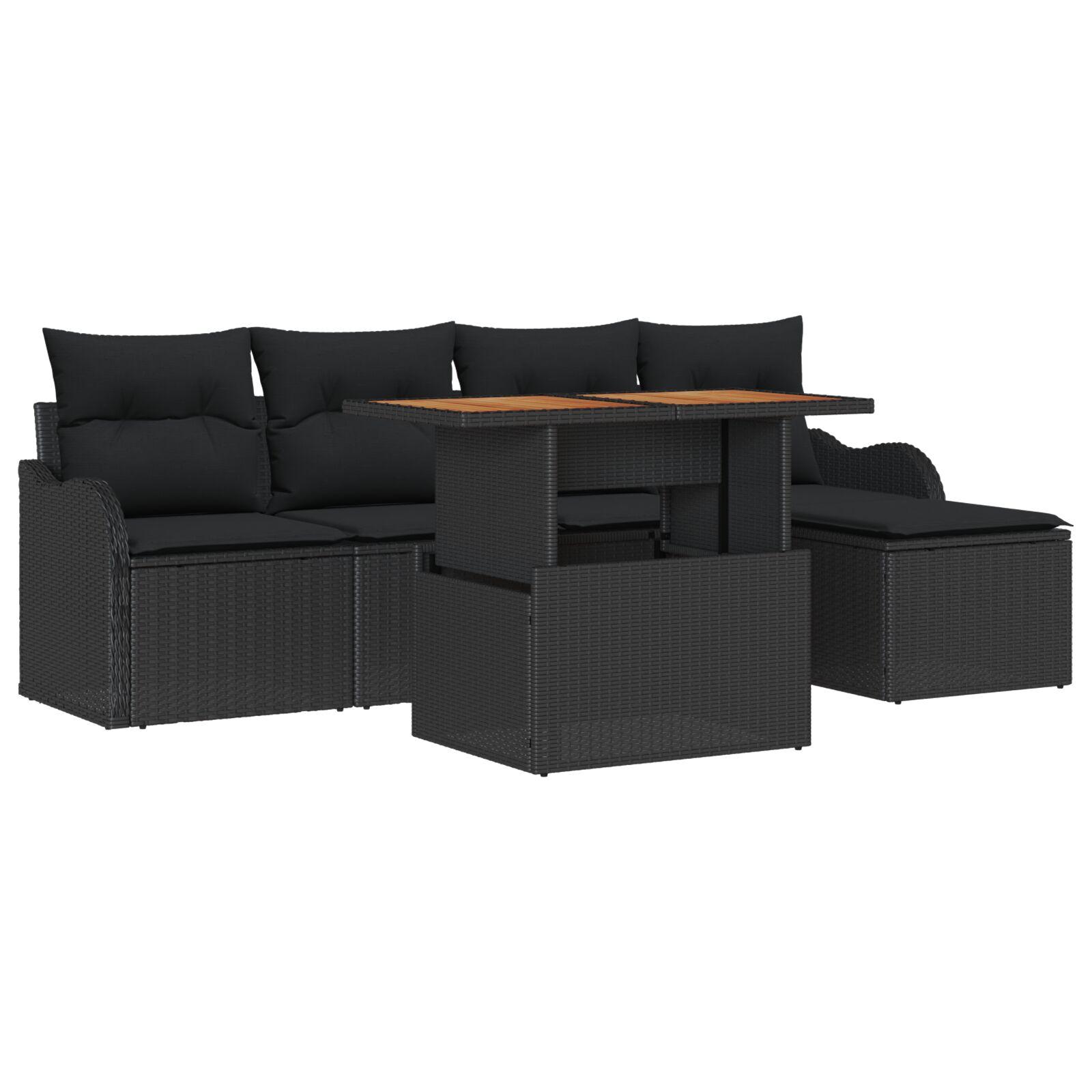 Havesofa-sæt med opbevaring, 6 dele - sort polyrattan