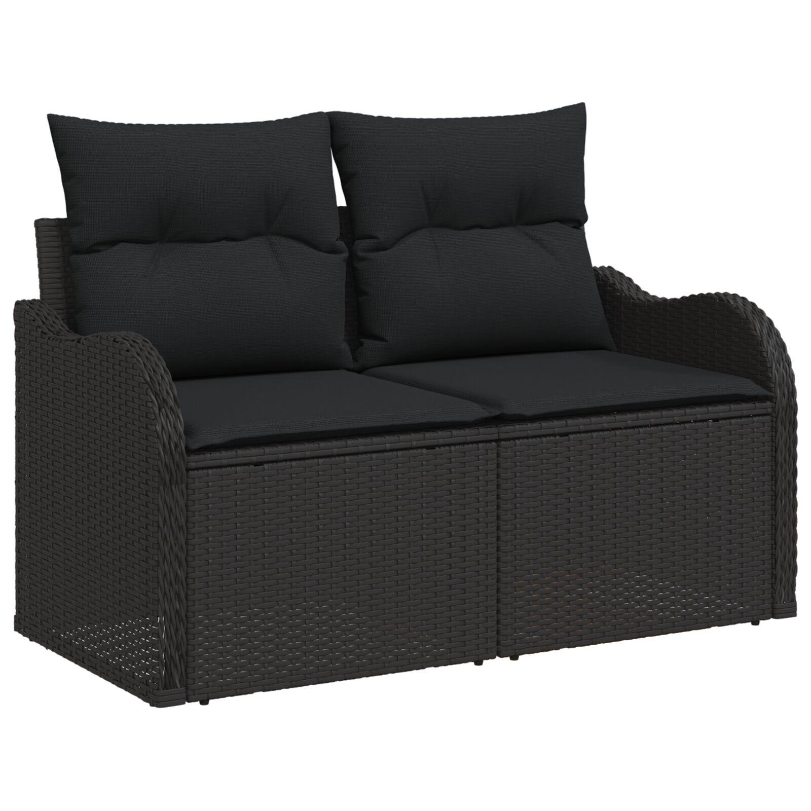 8 Delers Have Sofa Sæt med Hynder Sort Poly Rattan, 2-personers Have Sofa med Opbevaring & Hynder Sort Poly Rattan