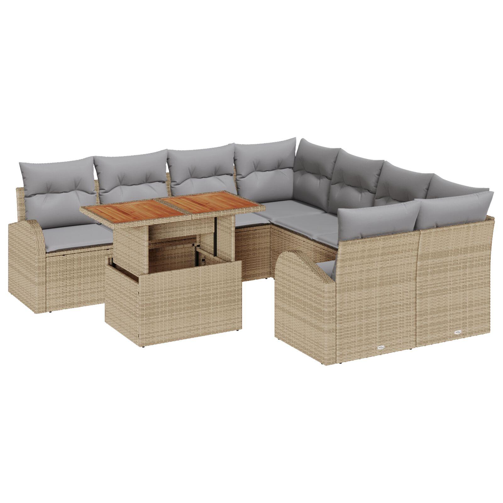 Havesofa Sæt Med Opbevaring 9 Dele Poly Rattan - beige og lysegrå