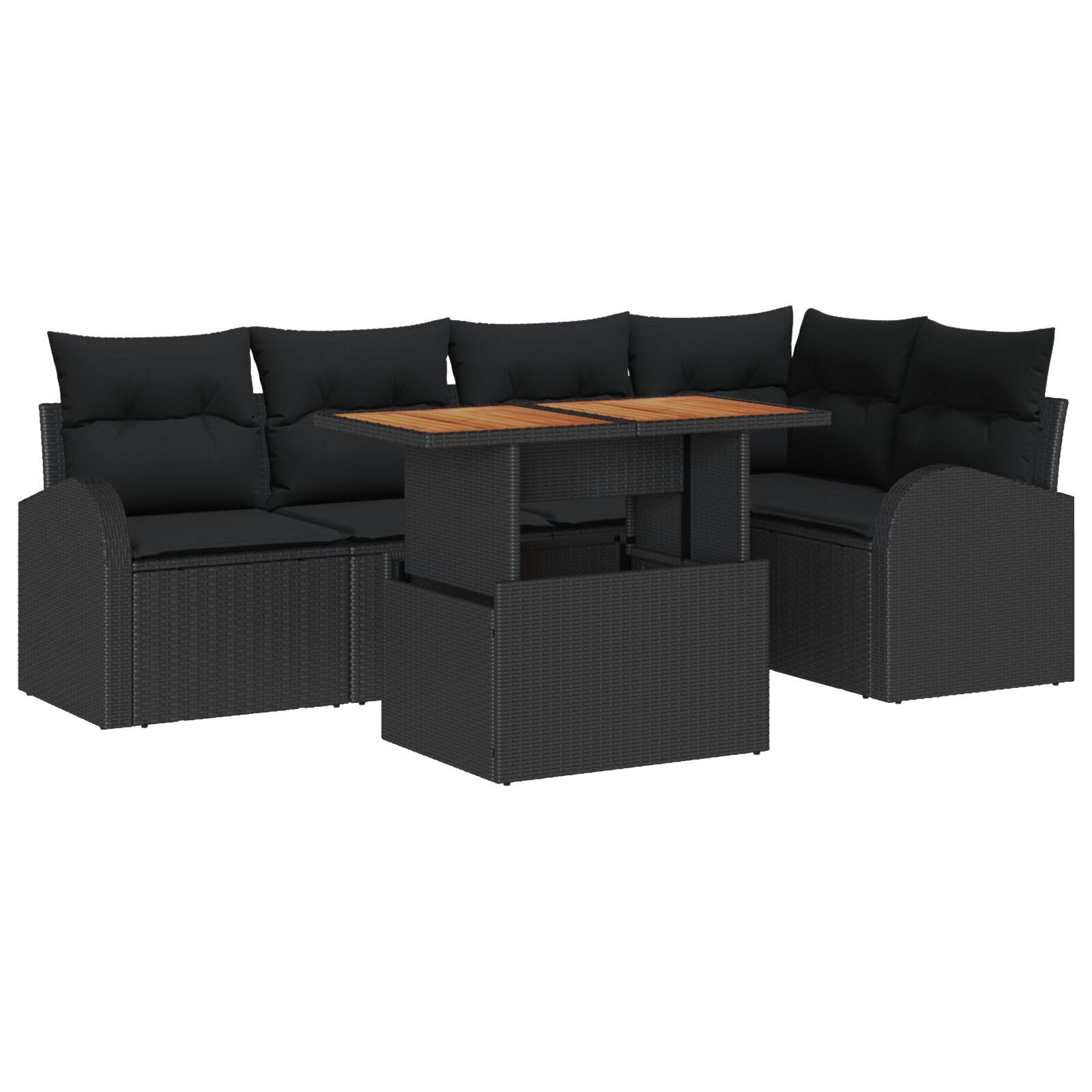 6 Delers Have Sofa Sæt med Puder Sort Poly Rattan, 2-Personers Have Sofa med Opbevaring & Puder Sort Poly Rattan