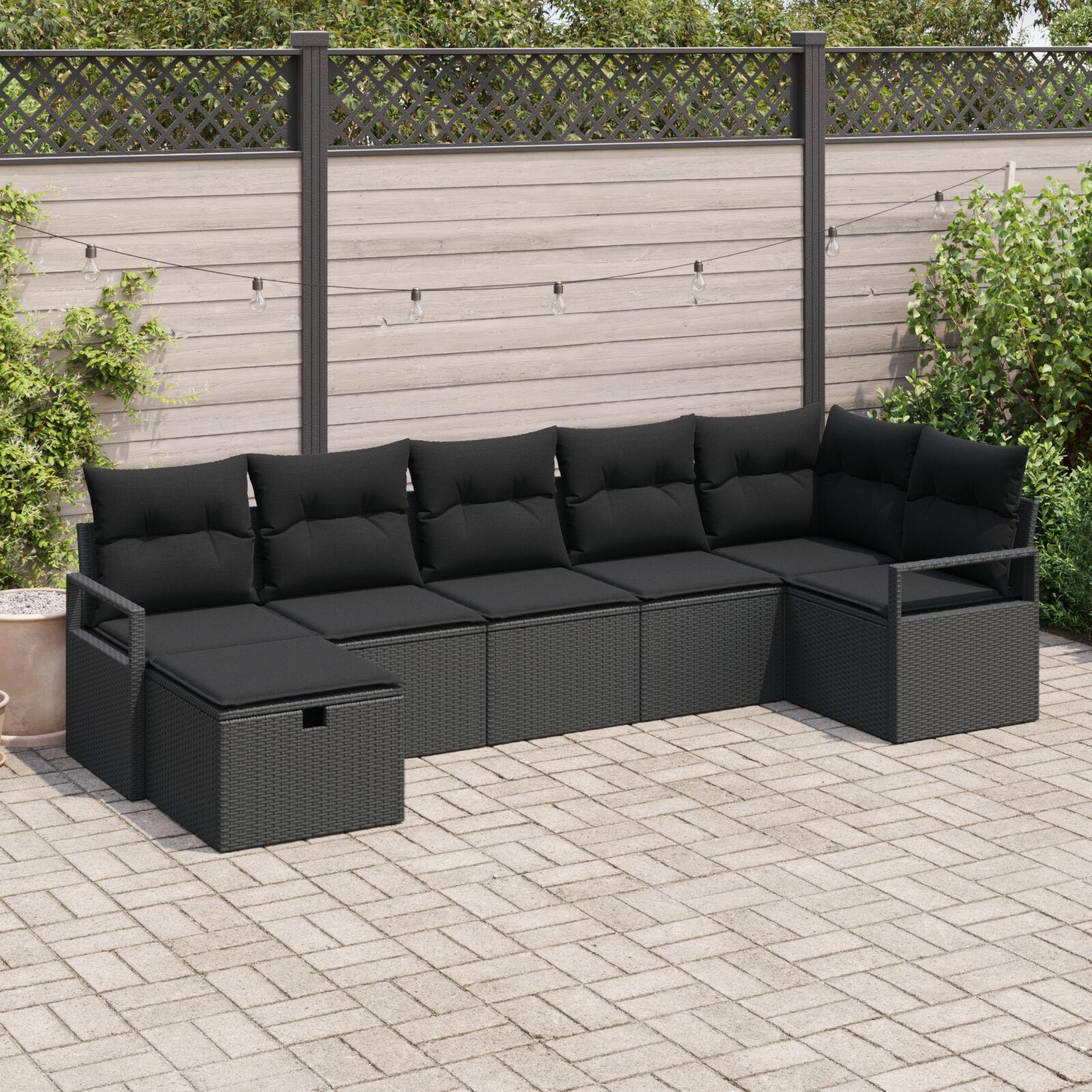 Sofa sæt med opbevaring i sort polyrattan - 7 dele