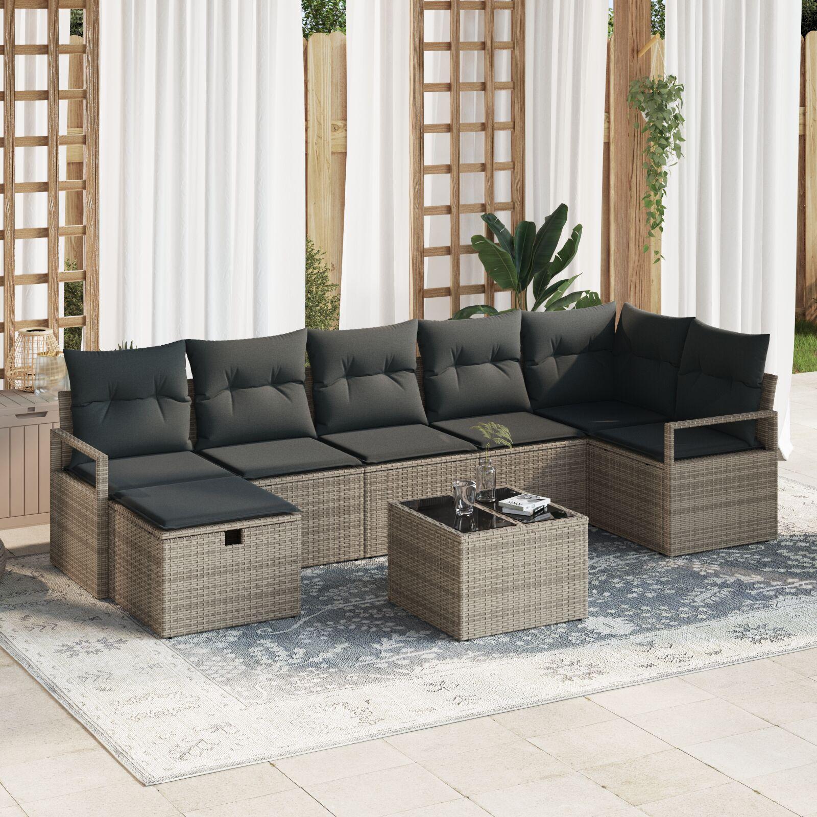 Sofa sæt med puder og opbevaring, 8 dele - grå polyrattan