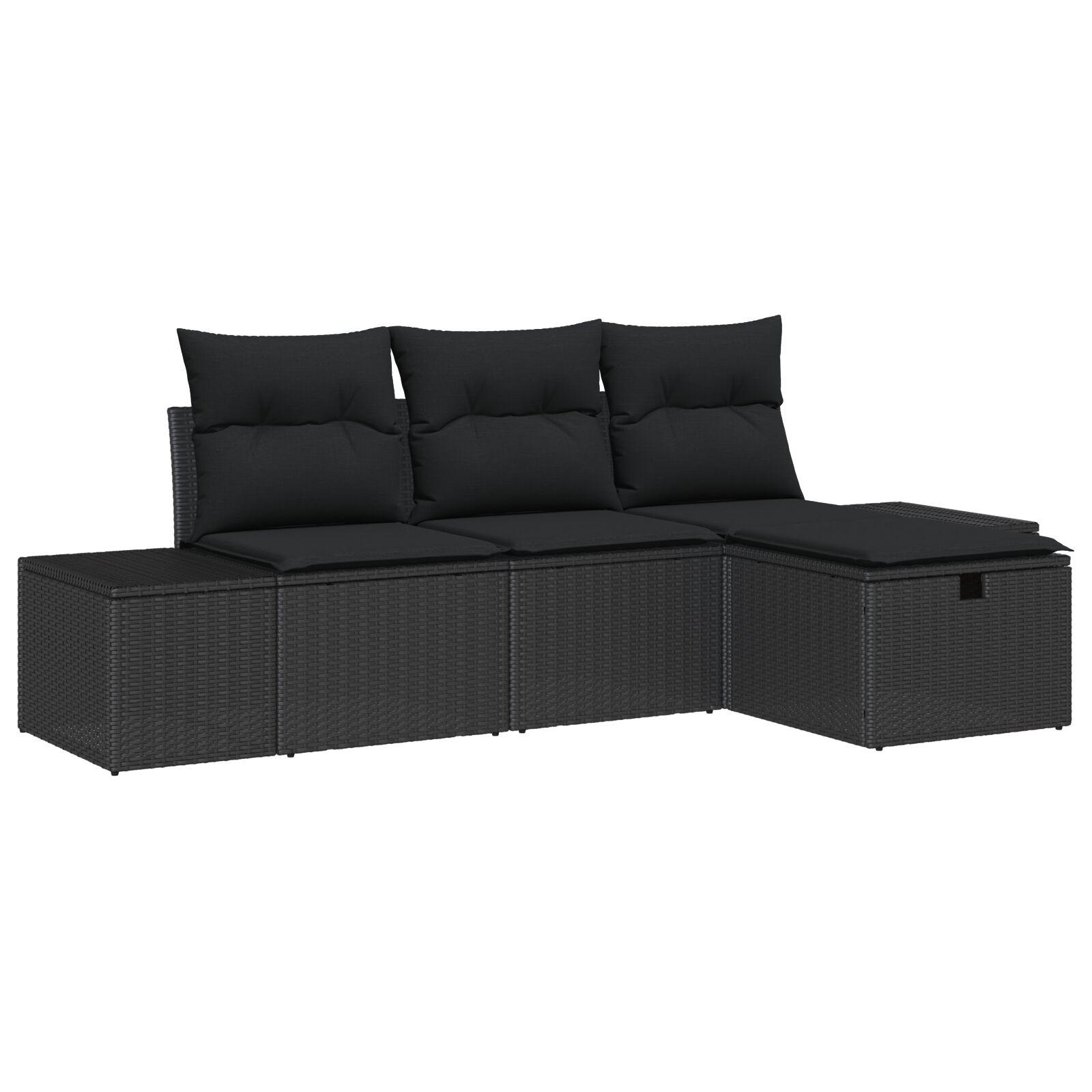 Havesofa Sæt med pude 4 stk Sort Poly rattan