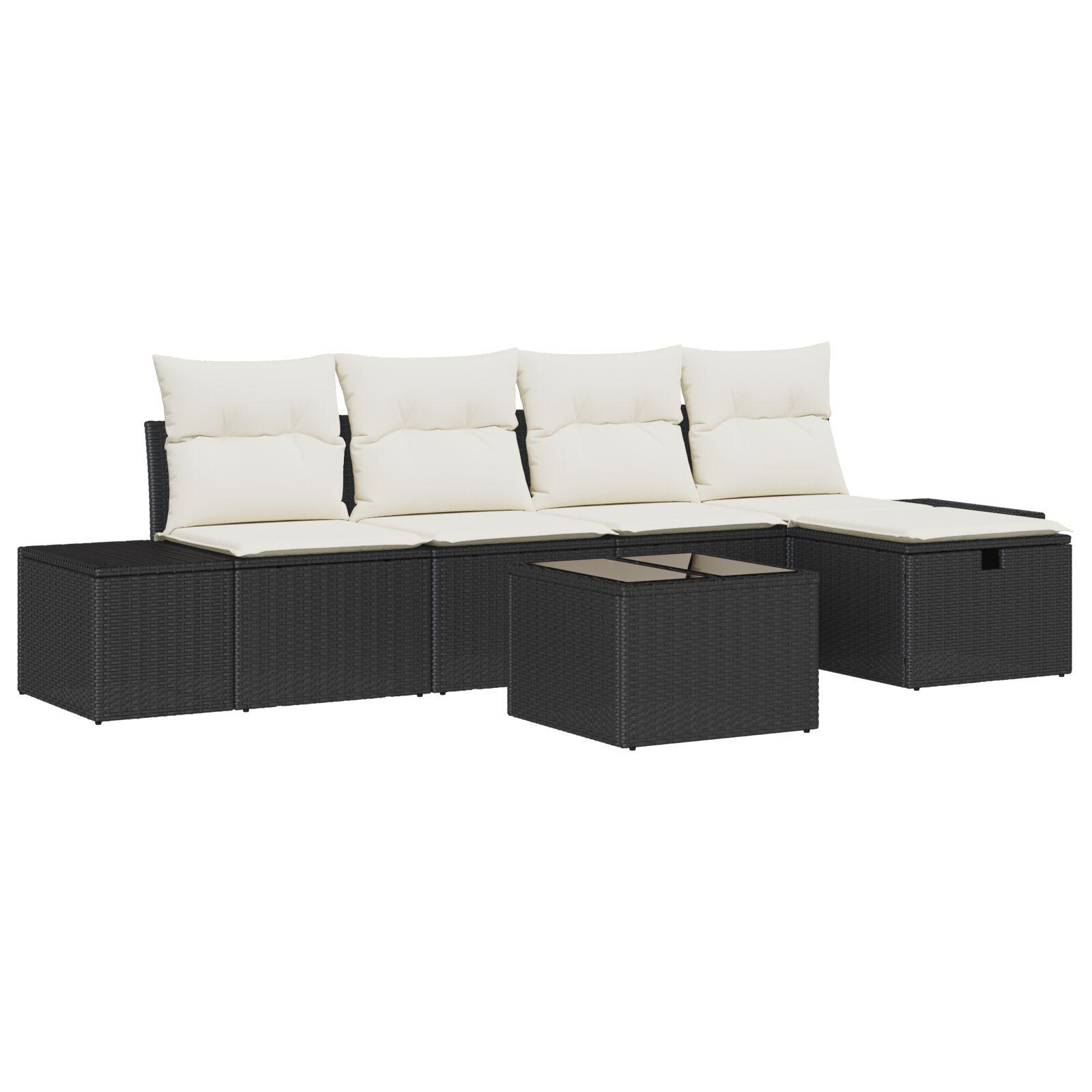 Havesofa sæt i sort polyrattan med puder - 6 dele, modulært loungesæt