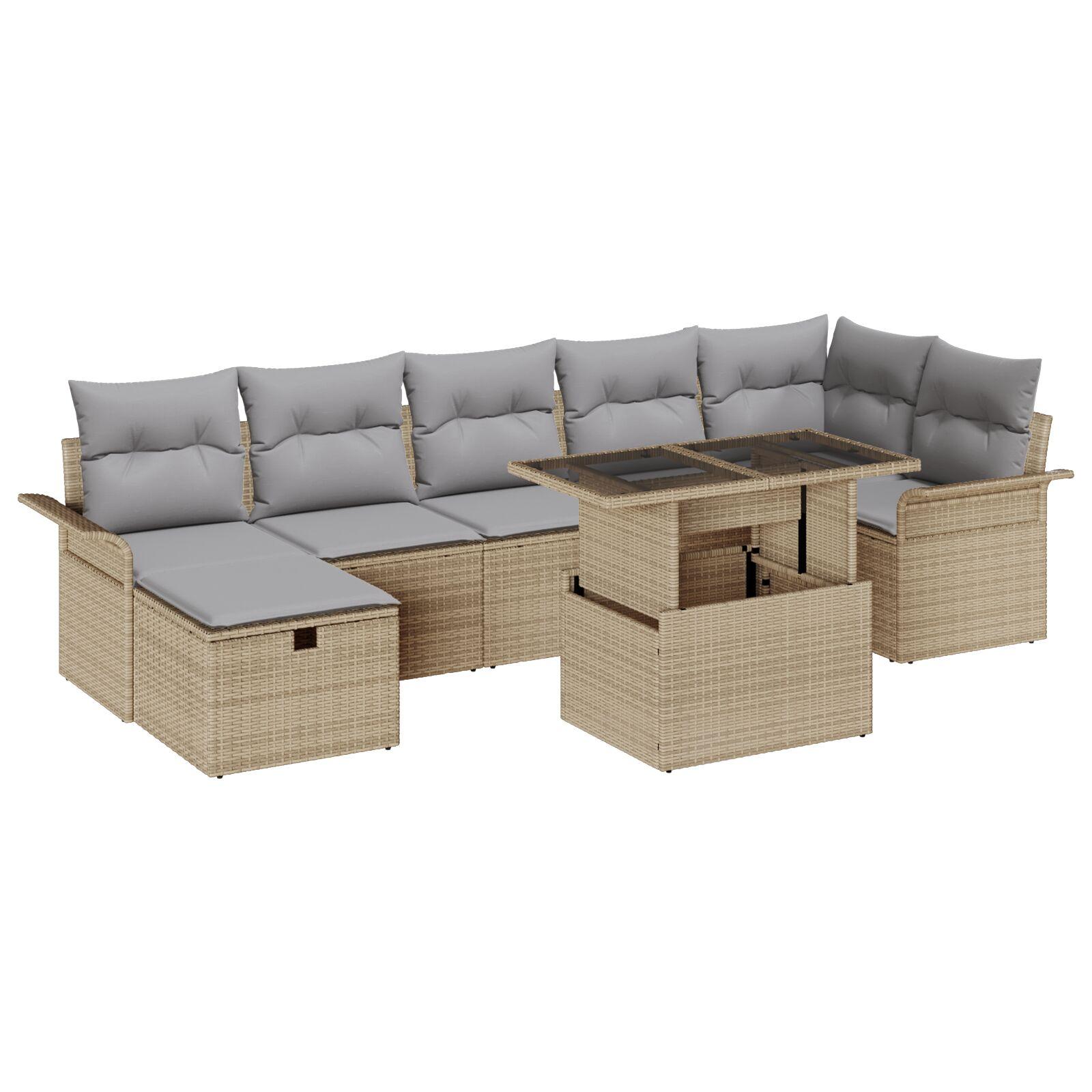 Havesofa SÃ¦t med pude med opbevaring 8 stk Beige Poly rattan