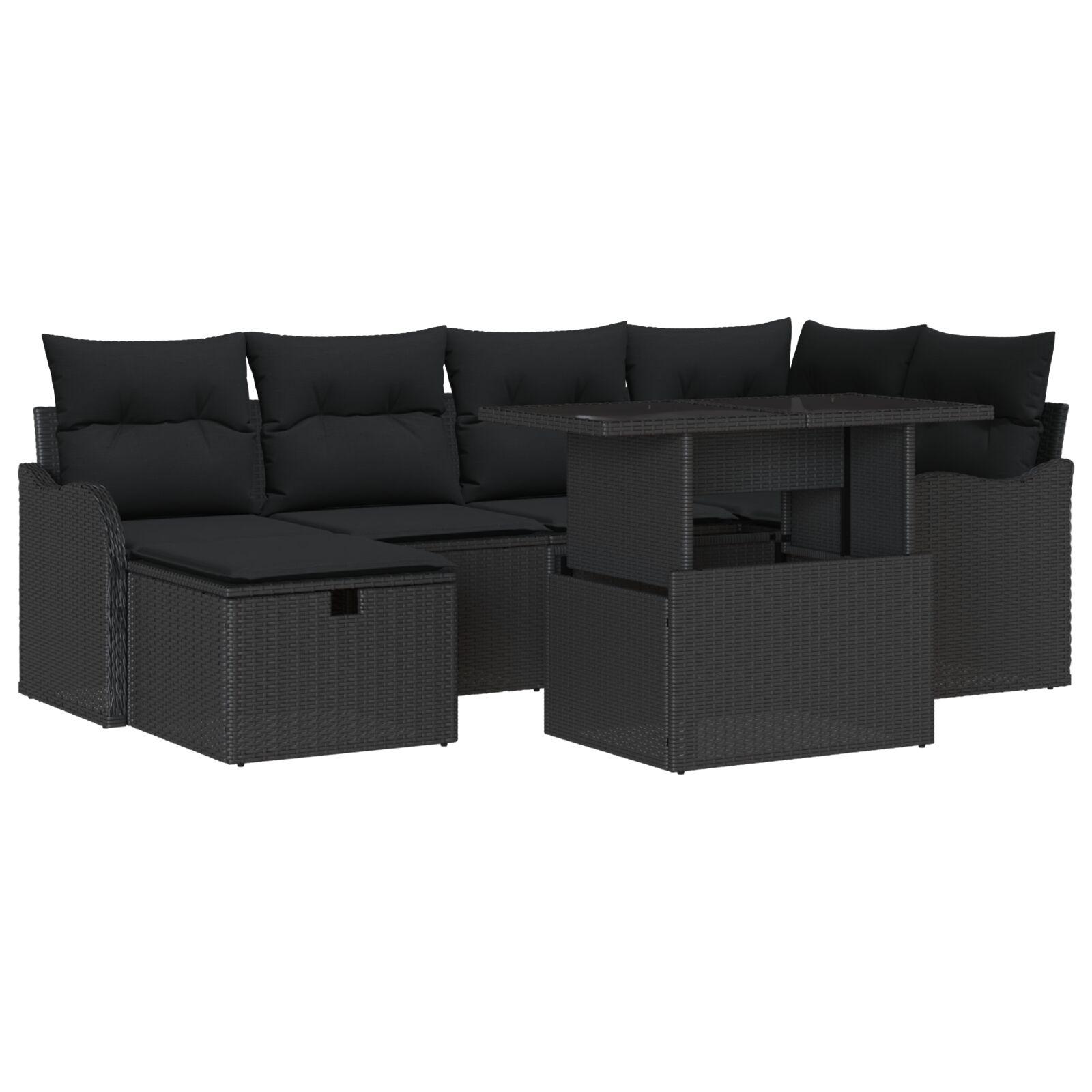 Havesofa SÃ¦t med pude med opbevaring 7 stk Sort Poly rattan
