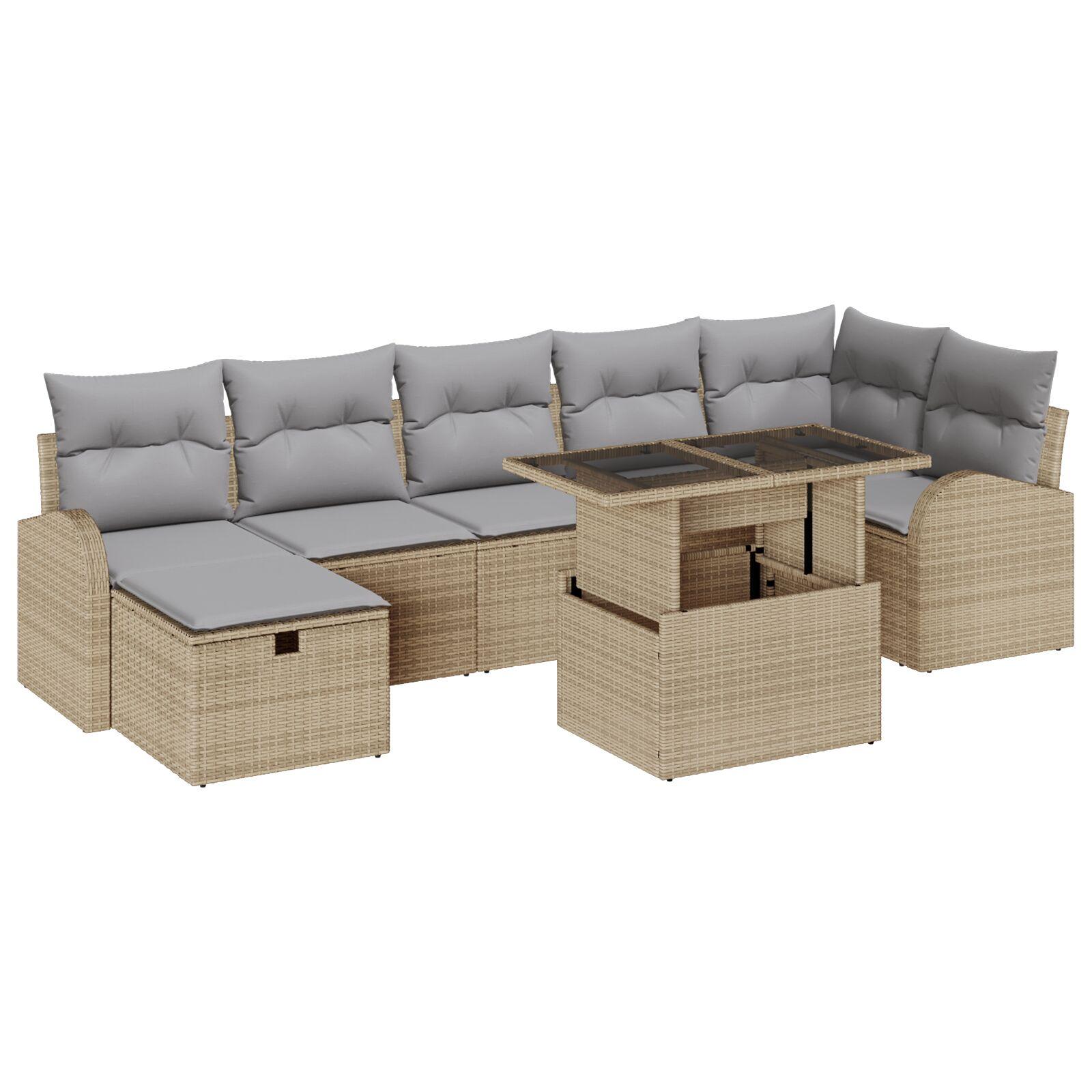 Havesofa SÃ¦t med pude med opbevaring 8 stk Beige Poly rattan