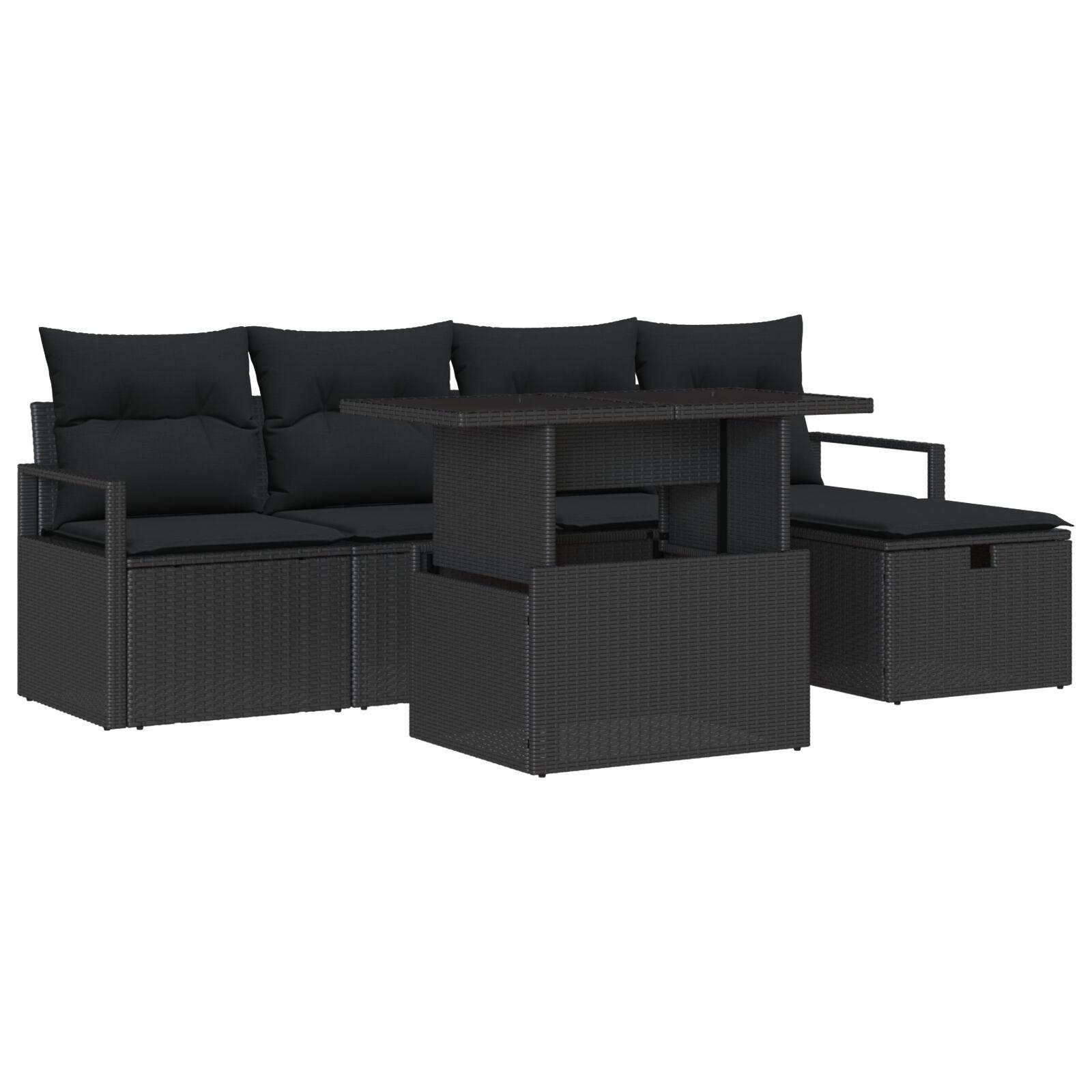 Havesofa SÃ¦t med pude med opbevaring 6 stk Sort Poly rattan