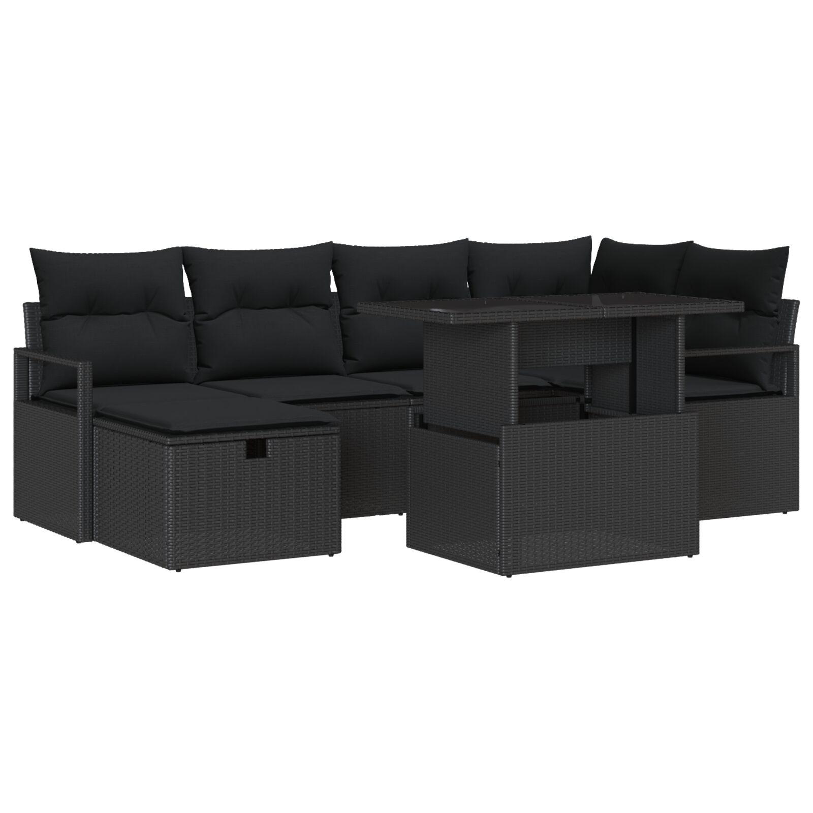 Havesofa Sæt Med Pude Med Opbevaring 7 Dele Poly Rattan - Sort / Sort
