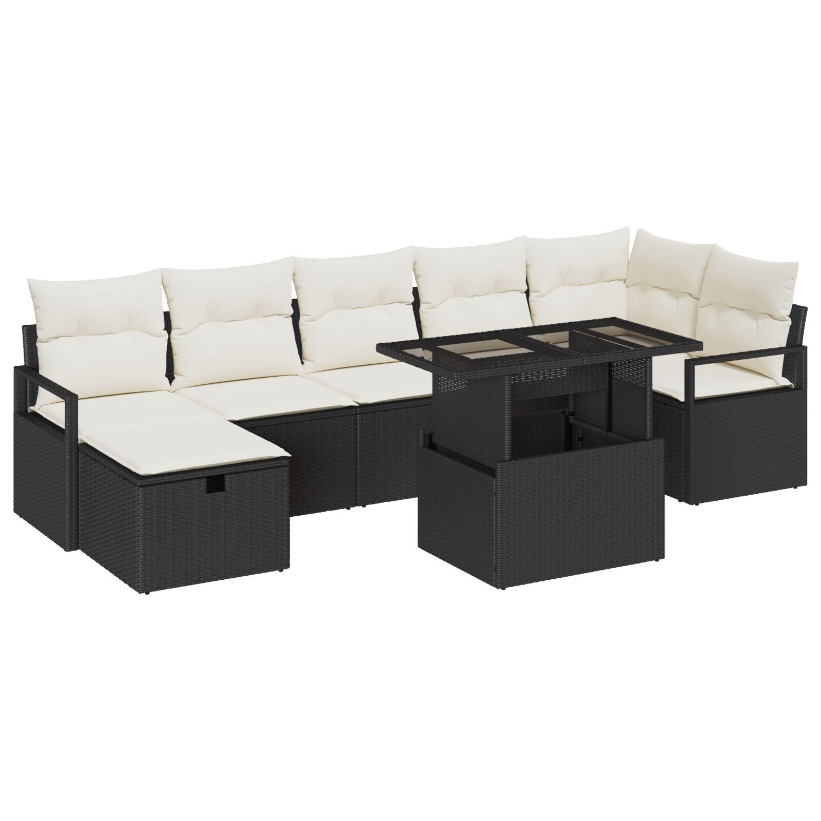 Havesofa SÃ¦t med pude med opbevaring 8 stk Sort Poly rattan