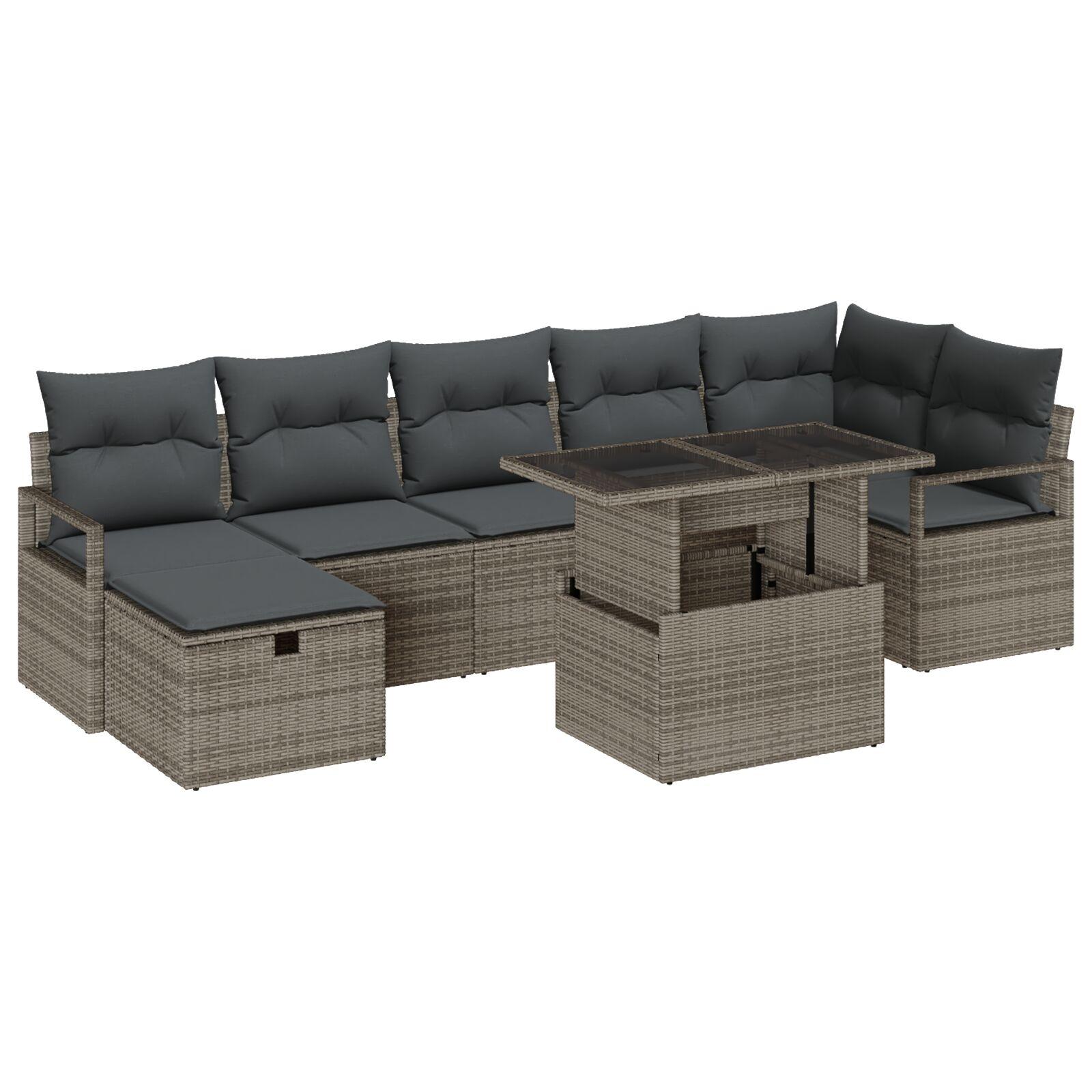 Havesofa Sæt Med Pude Med Opbevaring 8 Dele Poly Rattan - Grå / Mørkegrå