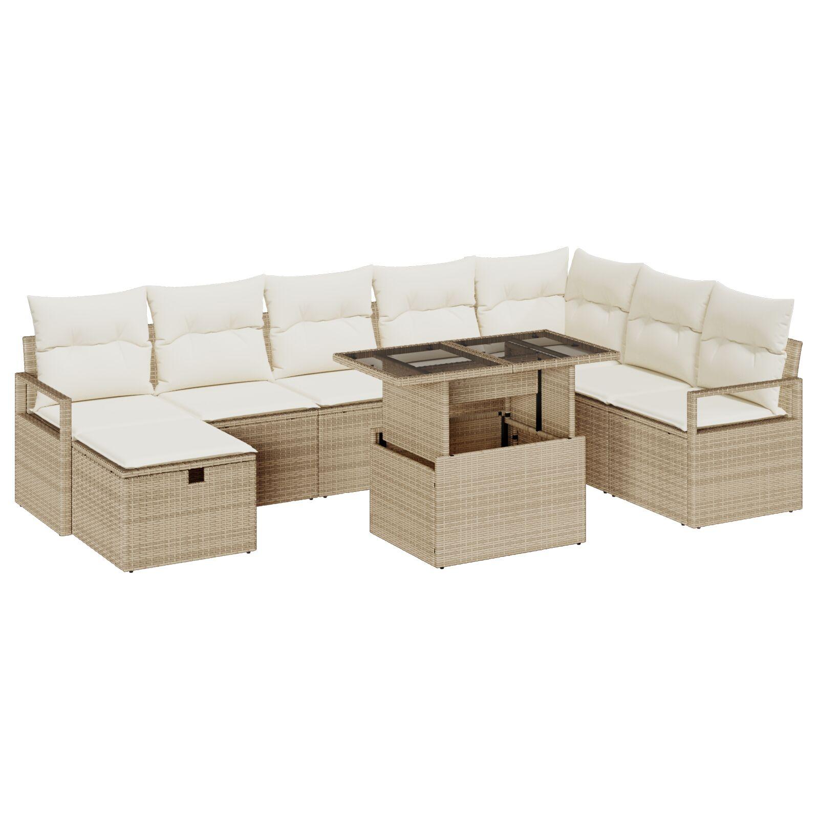 Havesofa Sæt Med Pude Med Opbevaring 9 Dele Poly Rattan - Beige / Cremehvid