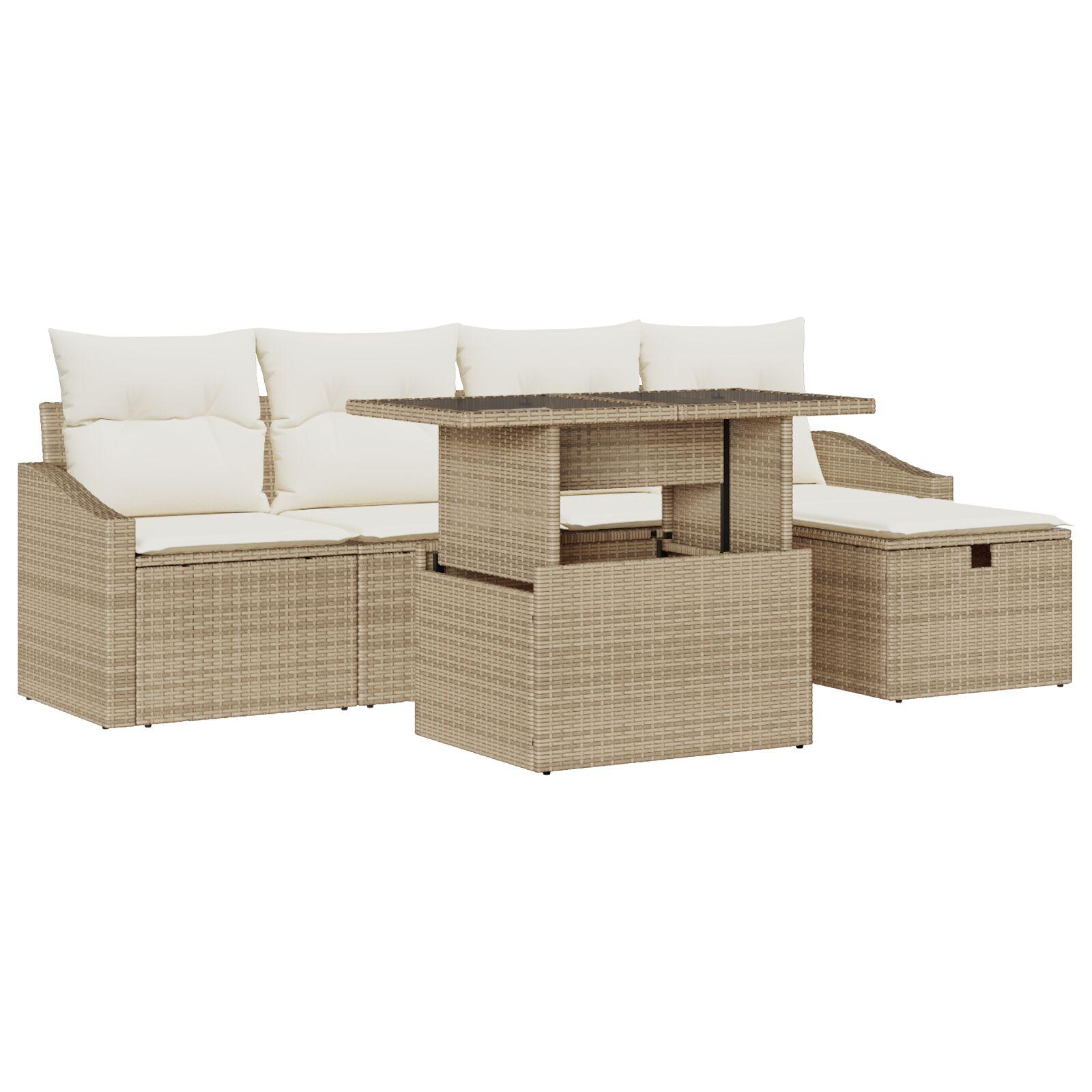 Havesofa sæt 6 stk med opbevaring og puder - beige poly rattan