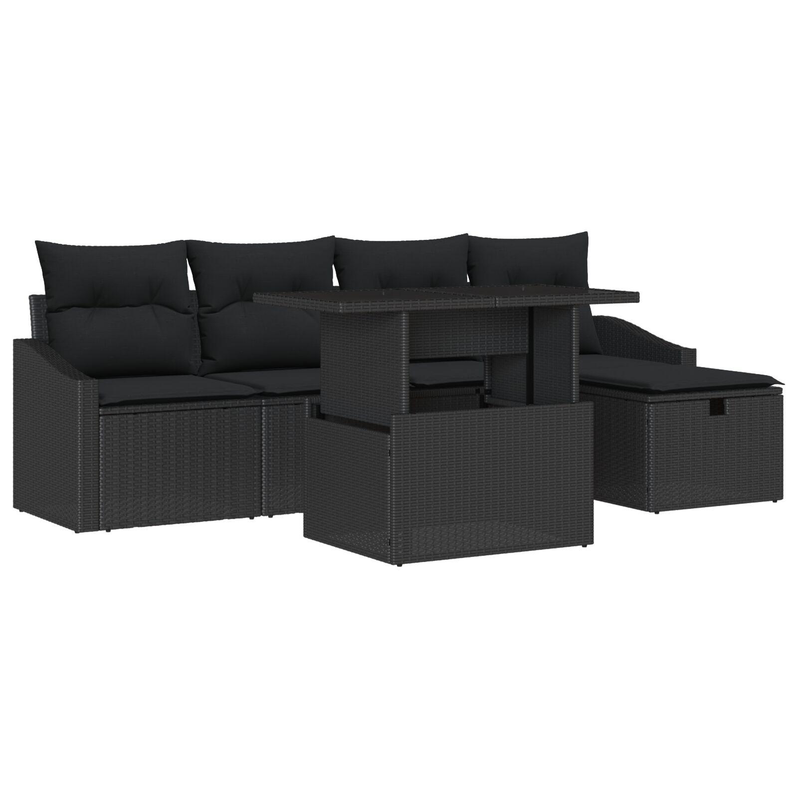 Havesofa SÃ¦t med pude med opbevaring 6 stk Sort Poly rattan