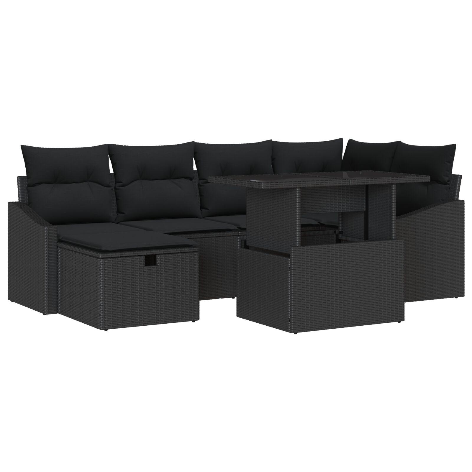 Havesofa SÃ¦t med pude med opbevaring 7 stk Sort Poly rattan