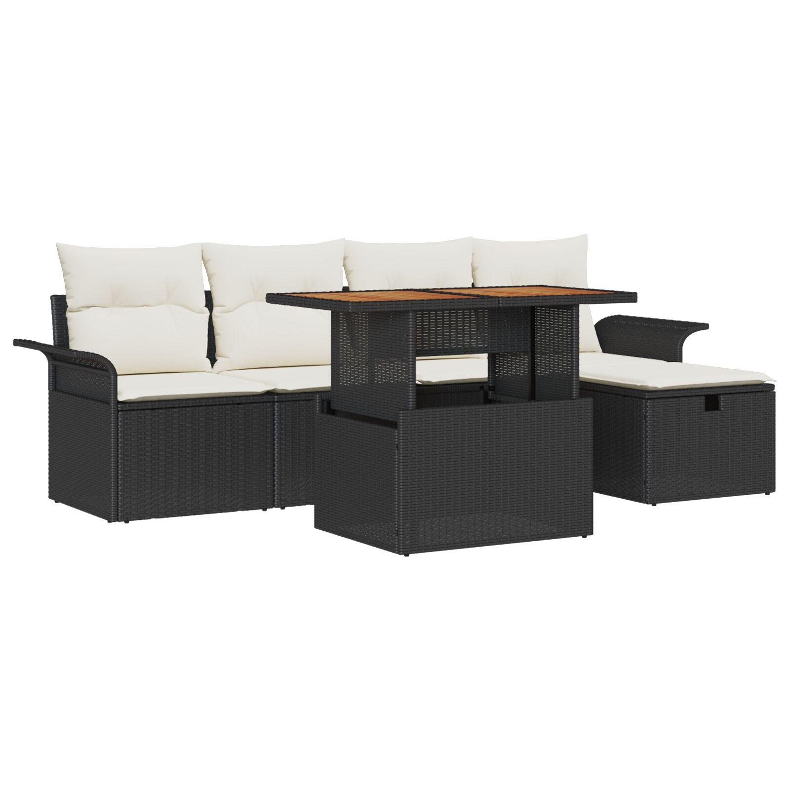 Havesofa SÃ¦t med pude med opbevaring 6 stk Sort Poly rattan