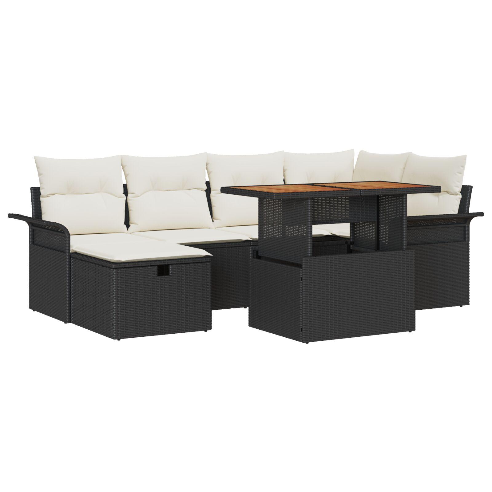 Havesofa Sæt Med Pude Med Opbevaring 7 Dele Polyrattan - Sort / Cremehvid