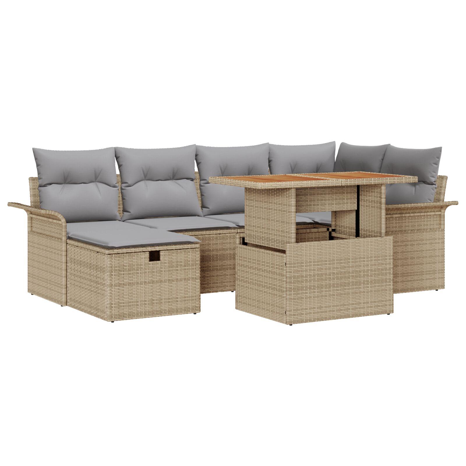 Havesofa Sæt Med Pude Med Opbevaring 7 Dele Polyrattan - Beige / Lysegrå