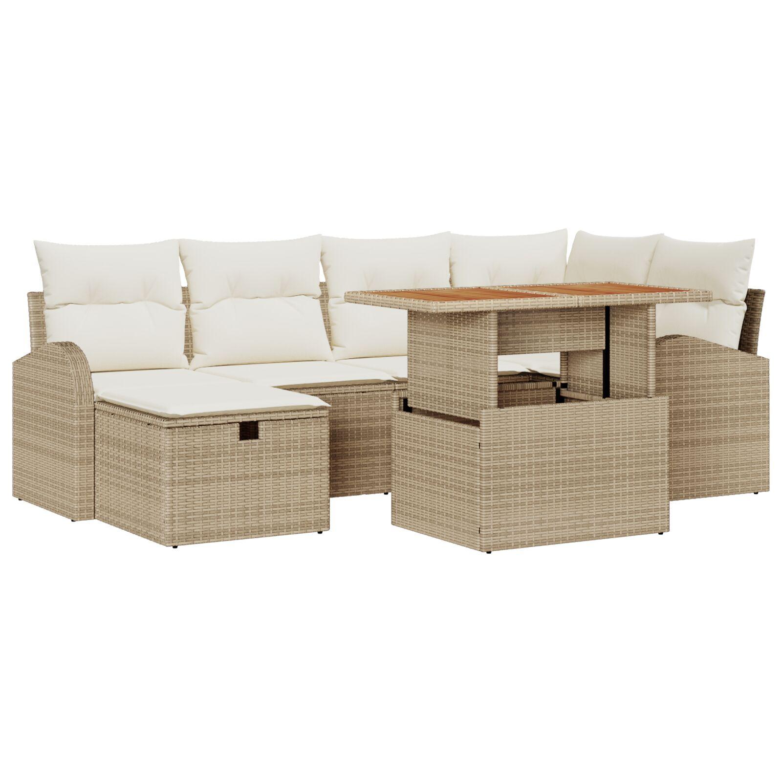 Havesofa sæt 7 stk med puder og opbevaring i beige polyrattan