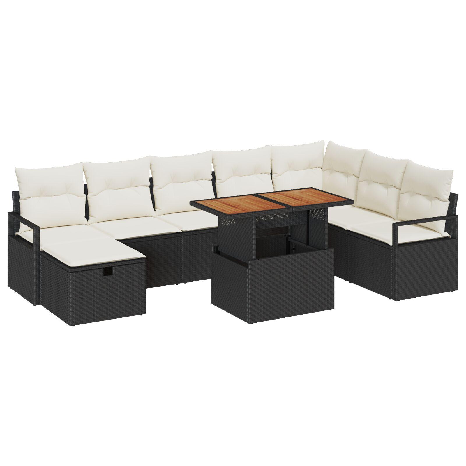 9 Stk Have Sofa Sæt med Hynder Sort Poly Rattan, 2-Personers Have Sofa med Hynder Sort Poly Rattan