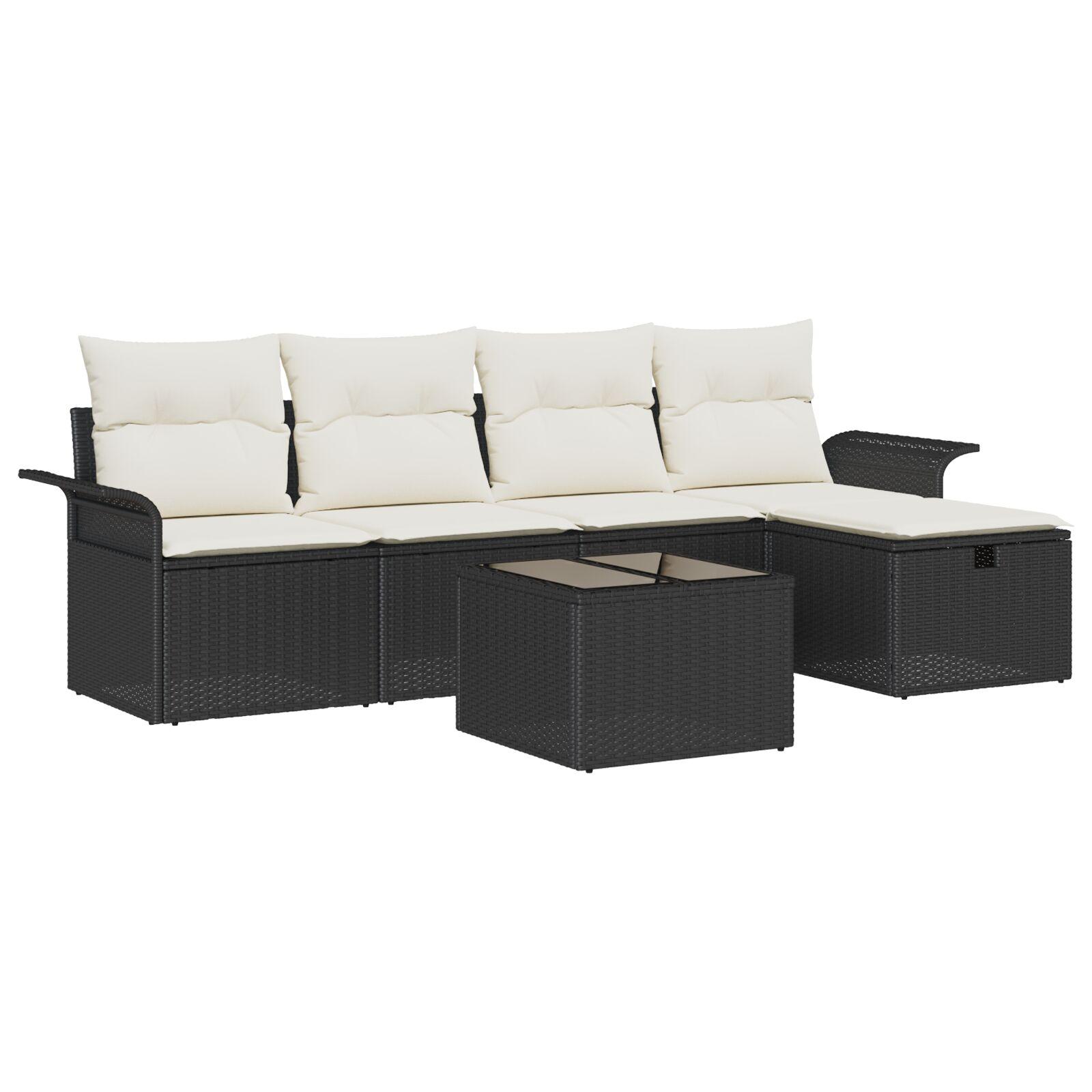 Havesofa Sæt Med Pude Med Opbevaring 6 Dele Poly Rattan - Sort / Cremehvid