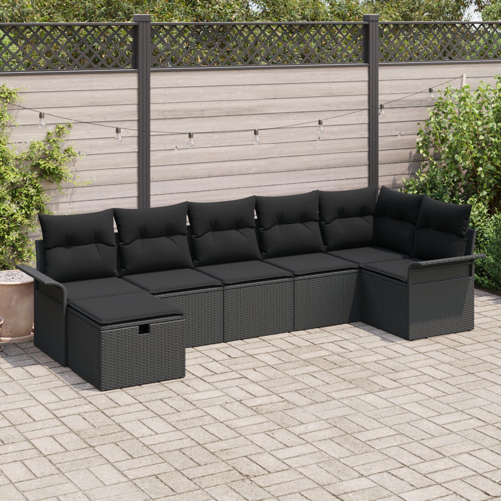 Havesofa SÃ¦t med pude med opbevaring 7 stk Sort Poly rattan