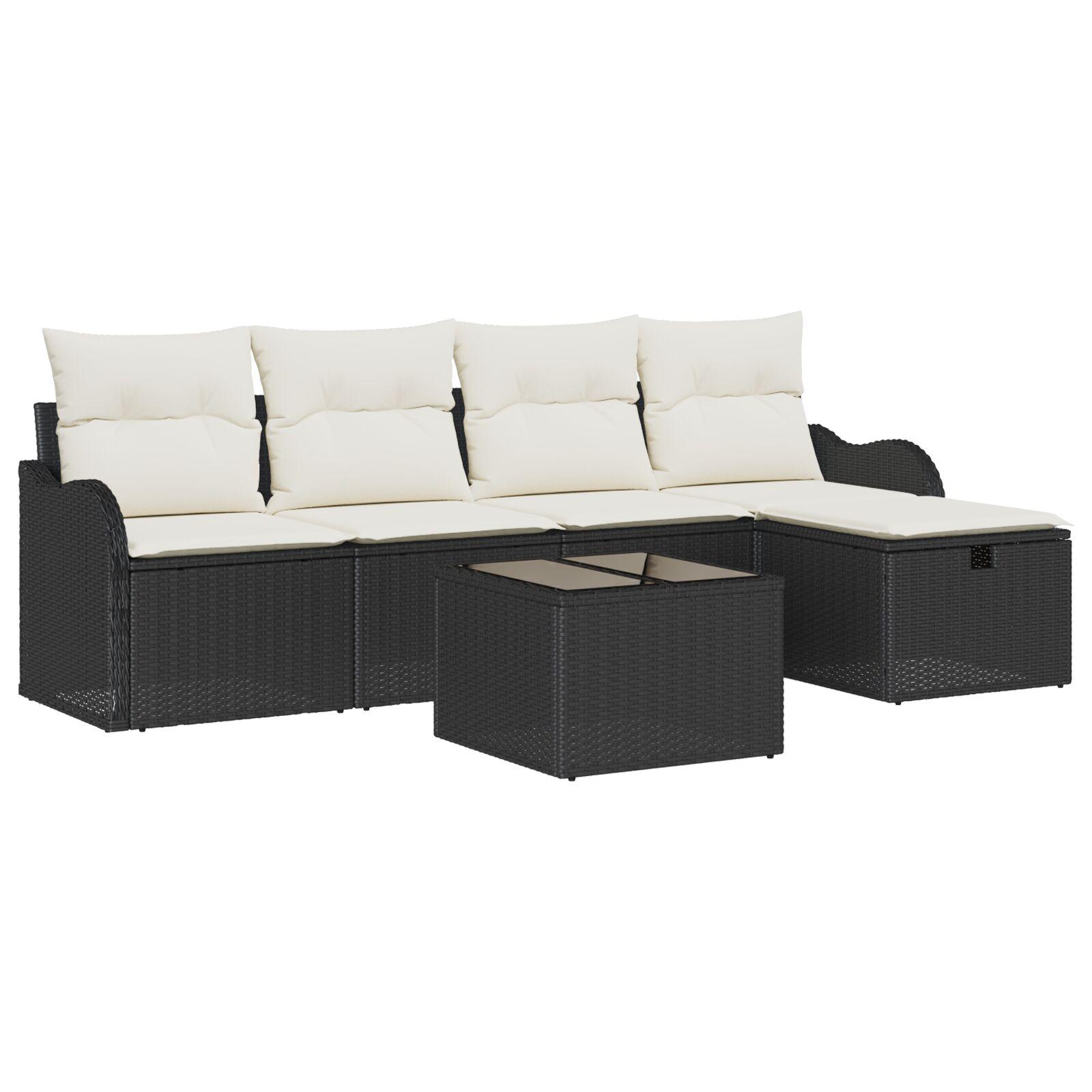 Havesofa sæt med puder og opbevaring, 6 dele - sort polyrattan