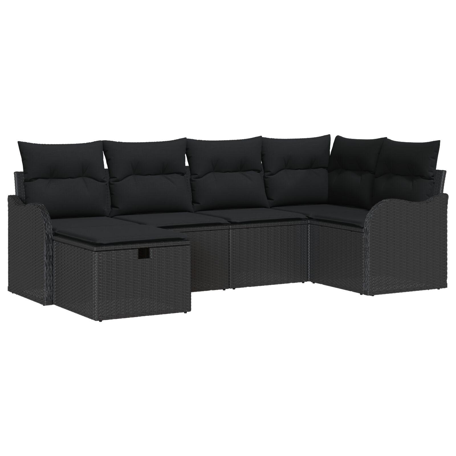 Modulært havesofa-sæt med puder og opbevaring, 6 dele - sort polyrattan