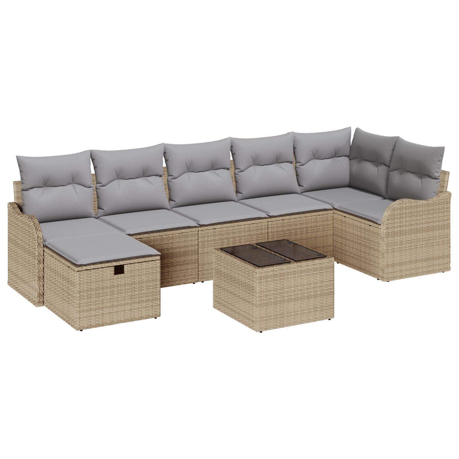 8 Del Have Sofa Sæt Med Puder Beige Poly Rattan 2 Personers Have Sofa Med Opbevaring & Puder Beige Poly Rattan