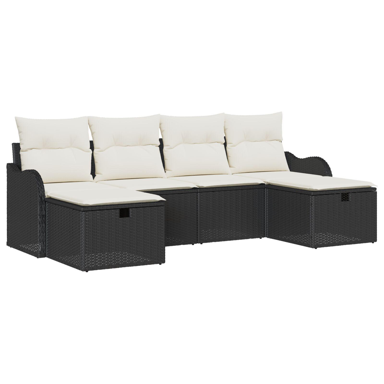 Havesofa-sæt med puder og opbevaring - 6 personer, sort polyrattan