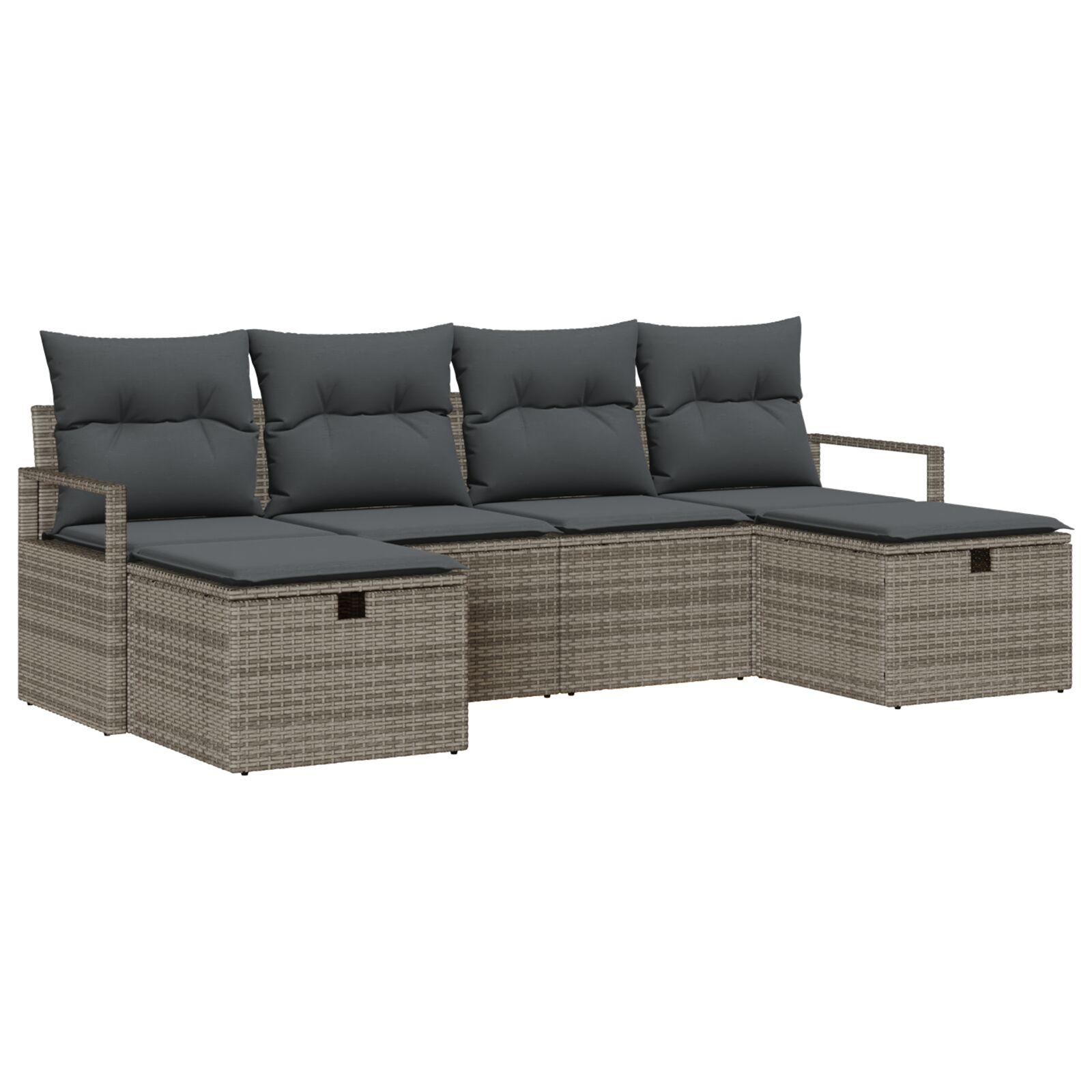 Havesofa-sæt i polyrattan med puder - 5 dele, grå, modulært