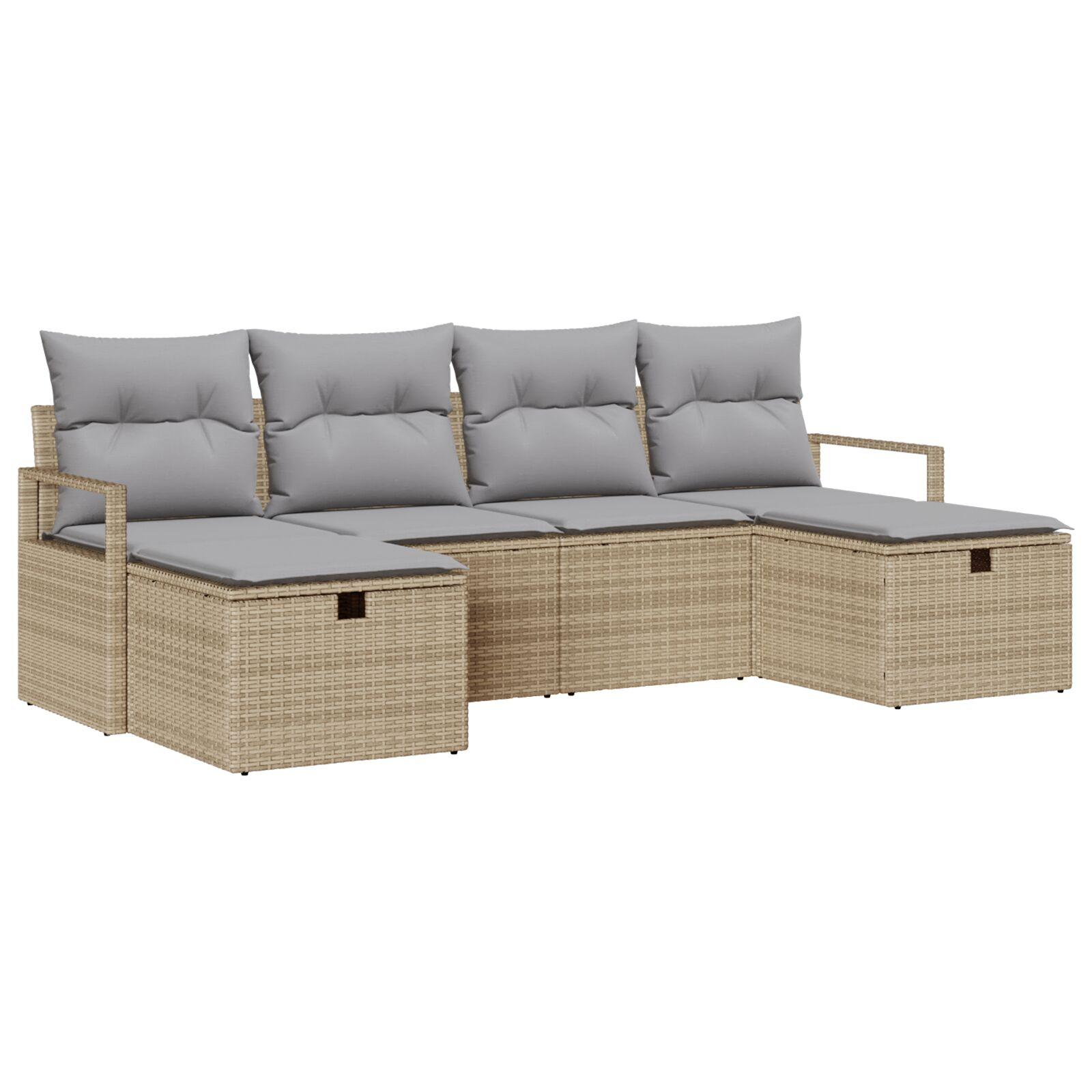 6 Delts Have Sofa Sæt Med Puder Beige Poly Rattan 2 Personers Have Sofa Med Opbevaring & Puder Beige Poly Rattan