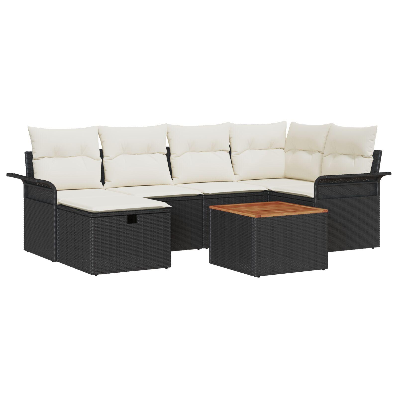 Havesofa Sæt med pude med opbevaring 7 stk Sort Poly rattan