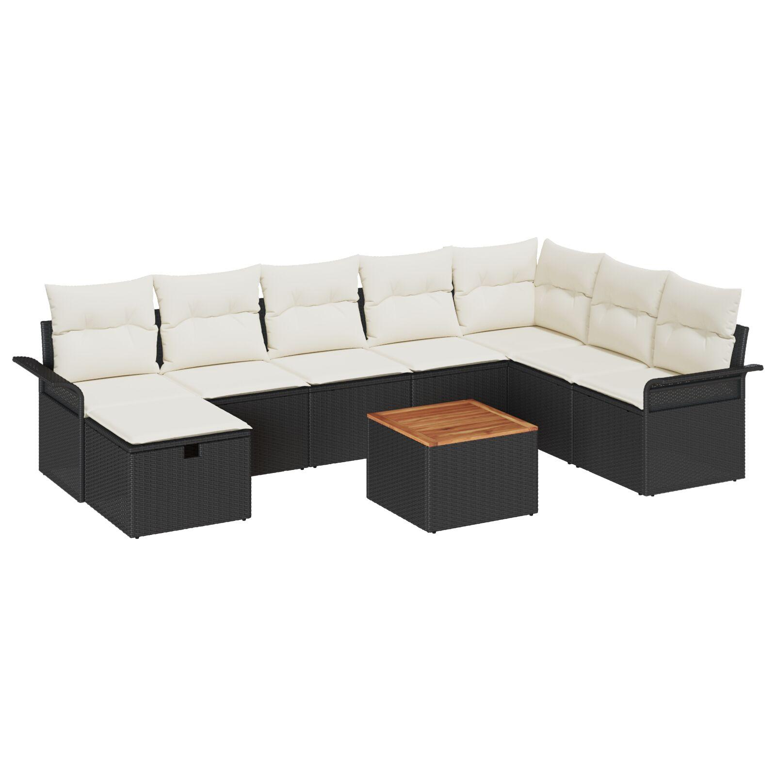 9 Piece Garden Sofa Set with Cushions Black Poly Rattan, 2-personers Have Sofa med Opbevaring og Puder Sort Poly Rattan