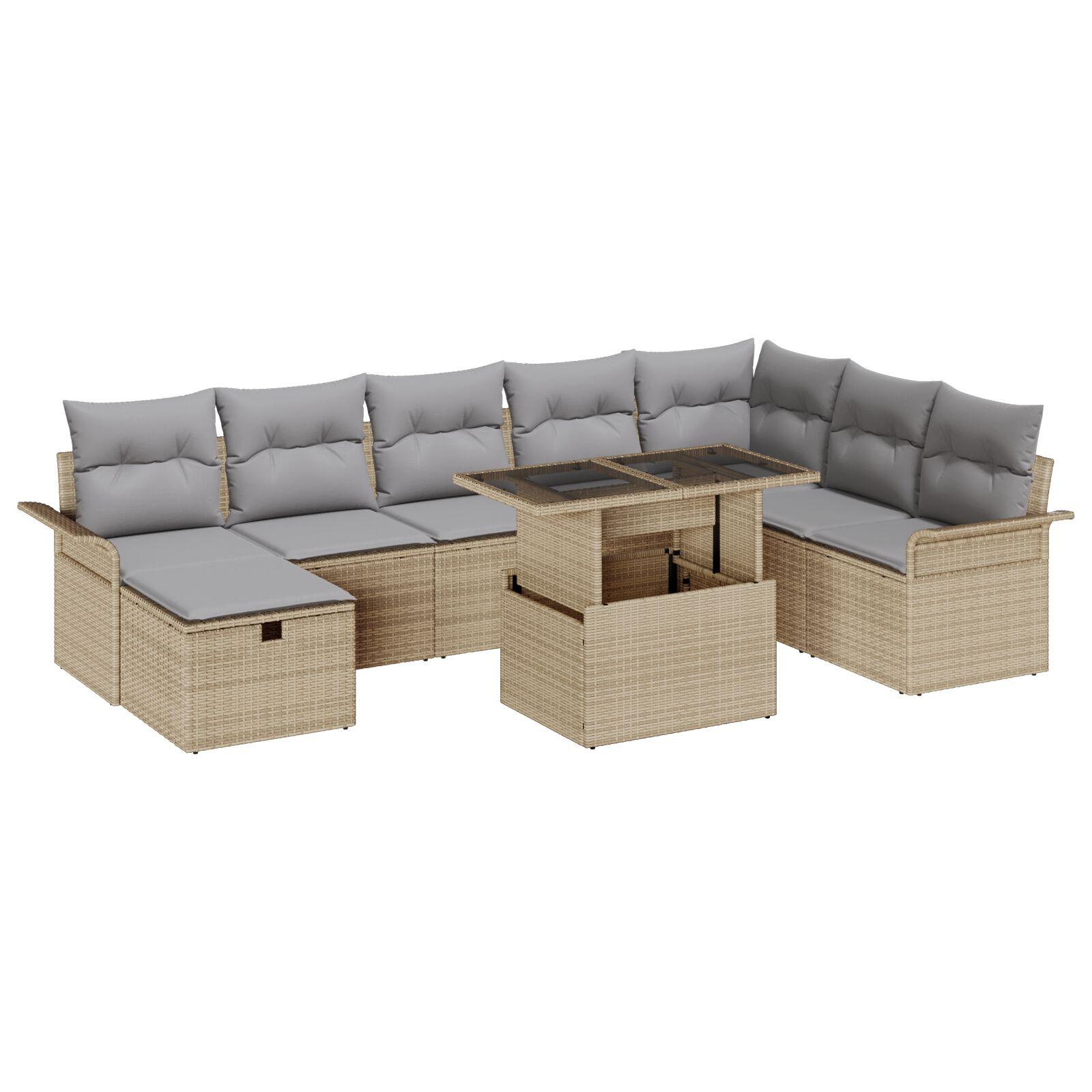 Havesofa SÃ¦t med pude med opbevaring 9 stk Beige Poly rattan