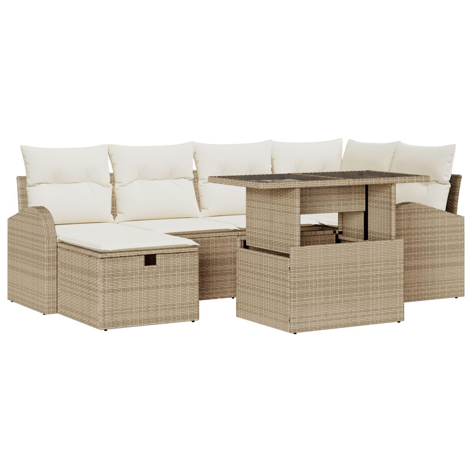 Havesofa Sæt med pude med opbevaring 7 stk Beige Poly rattan