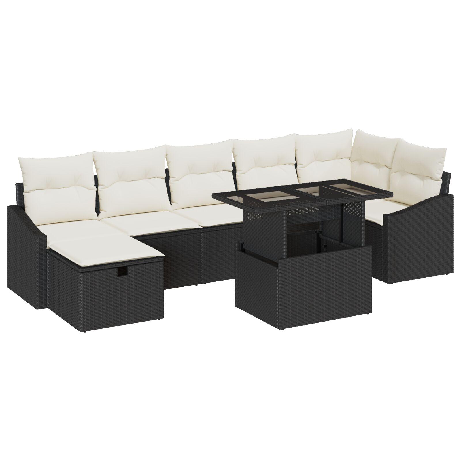 Havesofa-sæt i sort polyrattan - modulært loungesæt, 8 dele