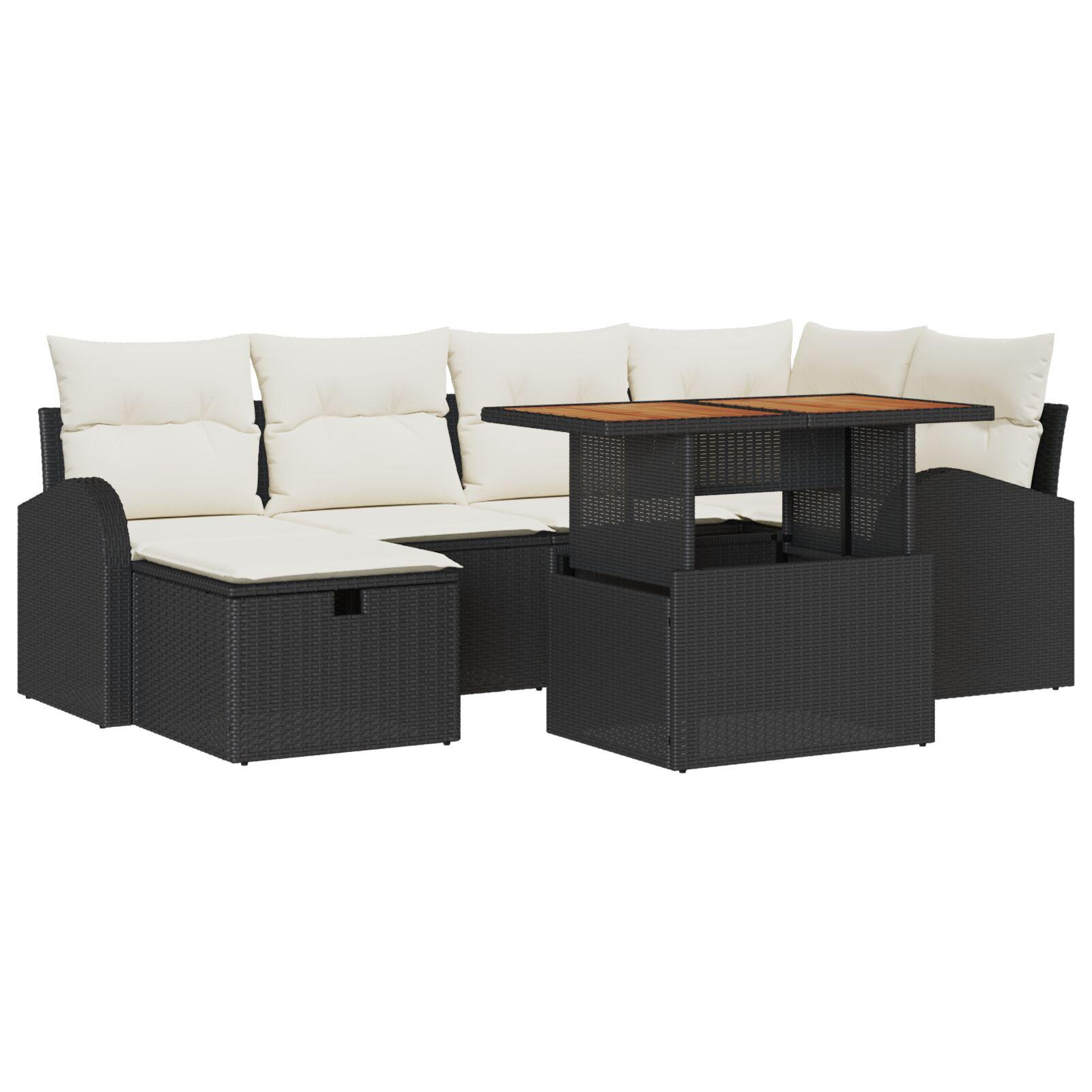 Havesofa sæt i sort polyrattan - 7 dele, akacietræsbord, 6 pladser