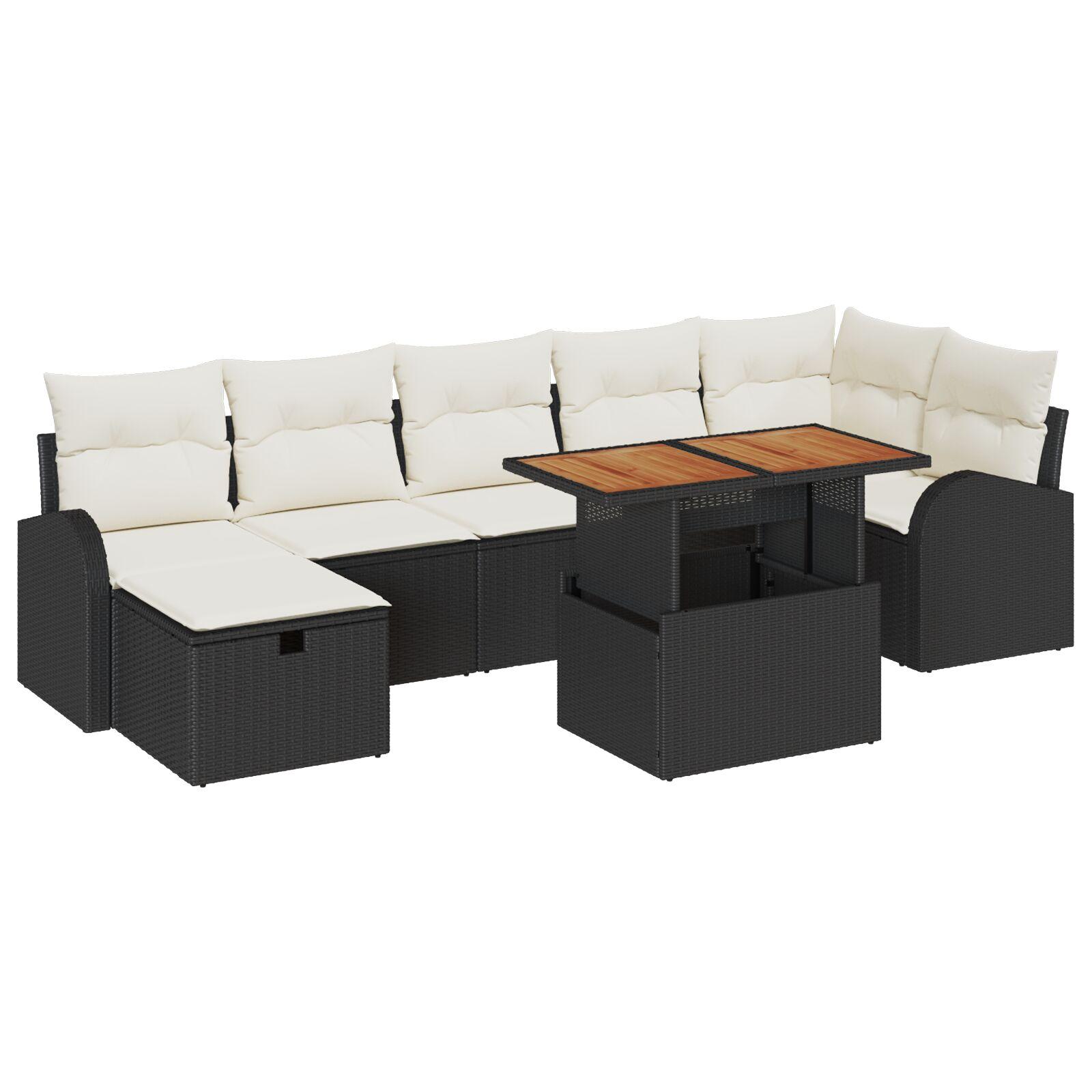 Havesofa-sæt i sort polyrattan - 8 dele, modulært loungesæt med bord
