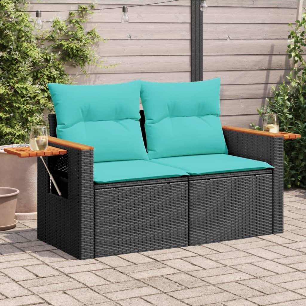 Havesofa med hynder 2-personers sort polyrattan