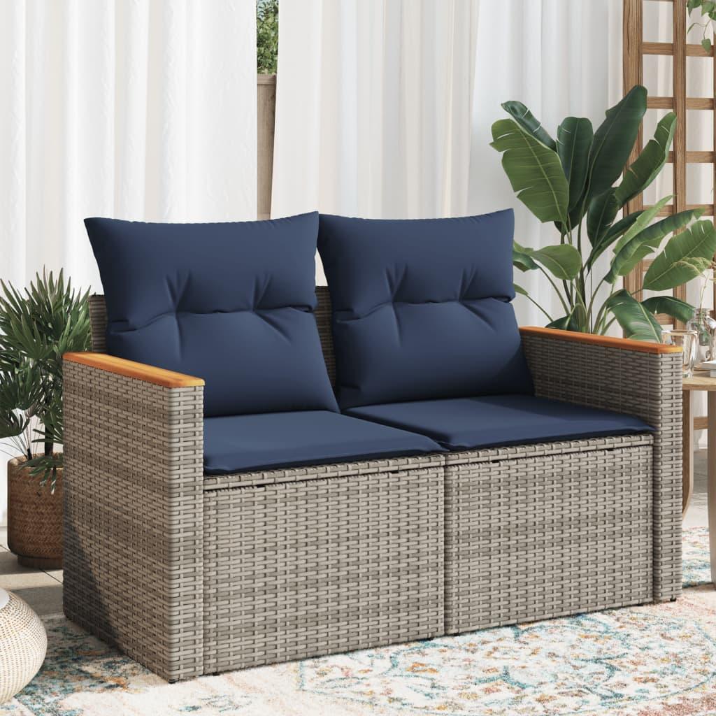 Havesofa med hynder 2-personers grå polyrattan