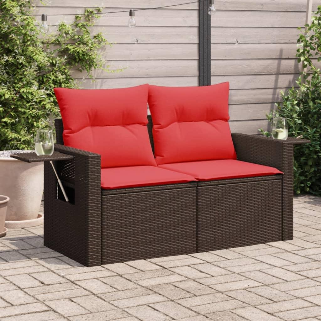 Havesofa med hynder 2-personers brun polyrattan