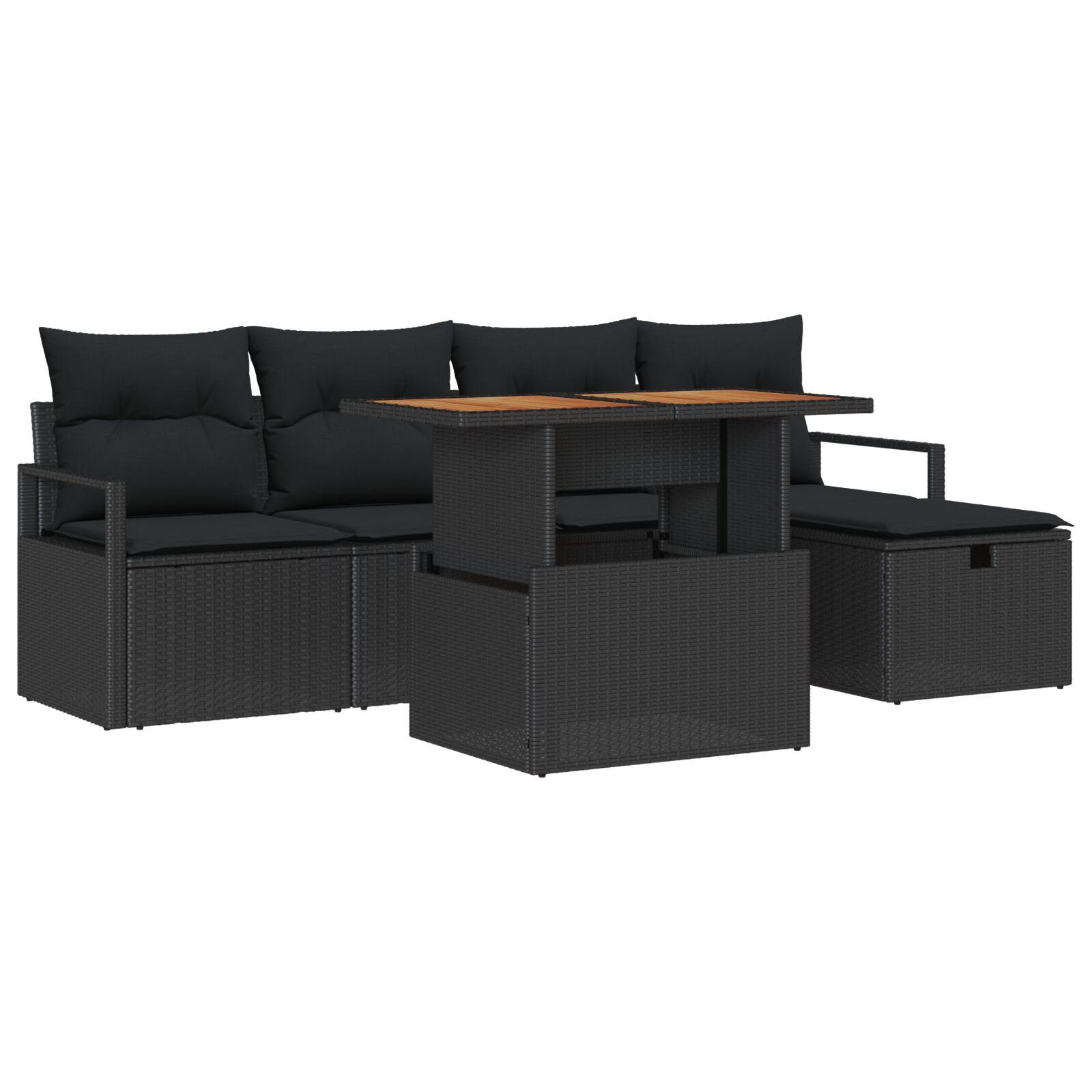 Havesofa sæt i sort polyrattan - 6 dele med bord i akacietræ