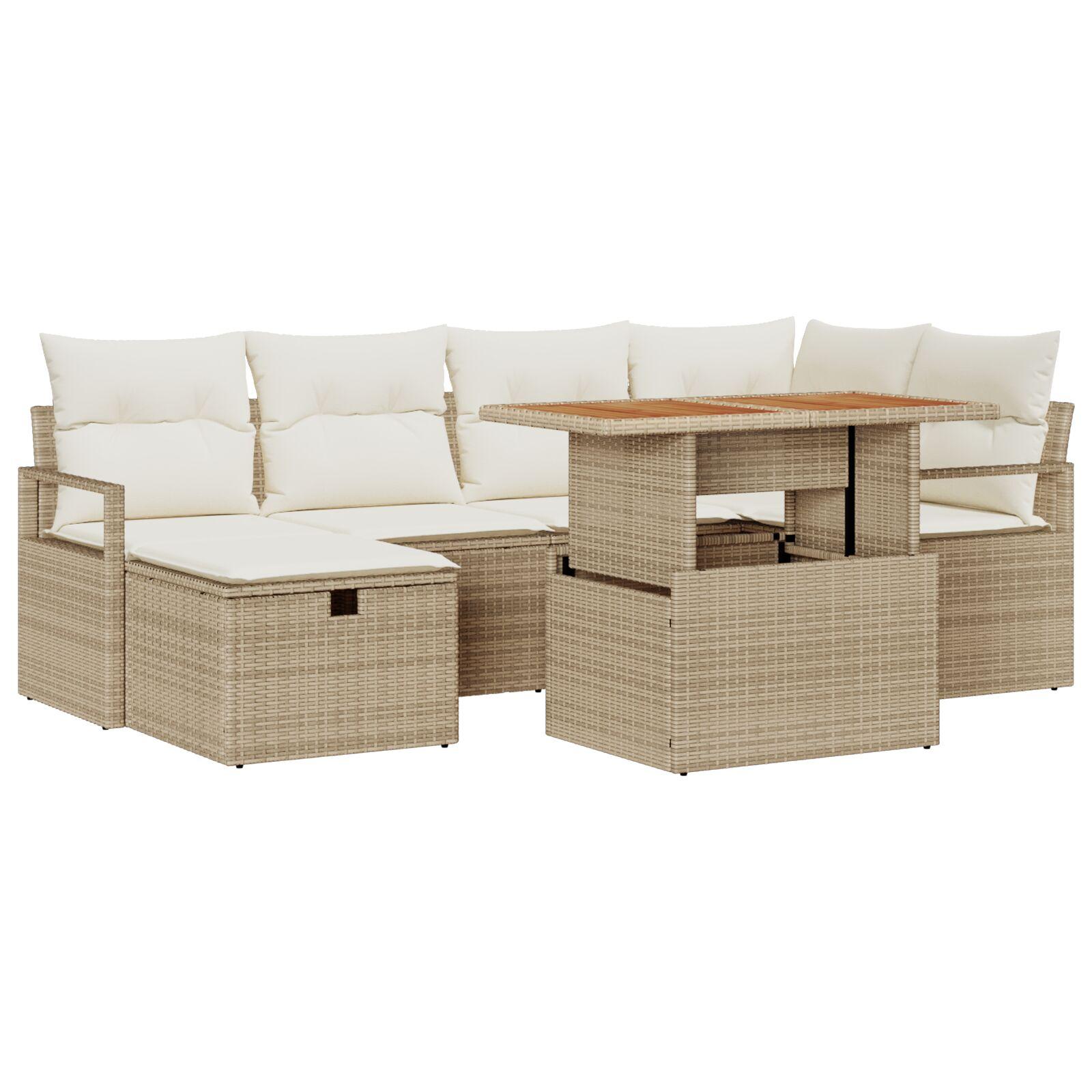 Havesofa sæt i beige polyrattan - 7 dele med bord og fodskammel