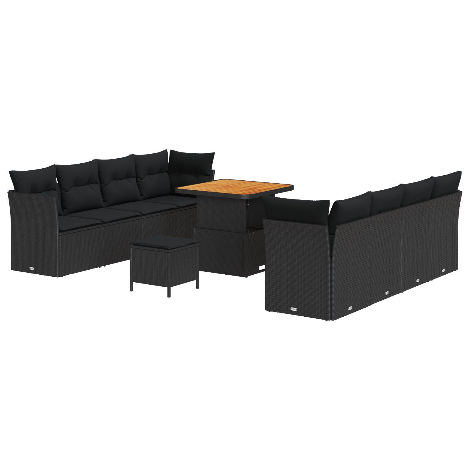 11-delers Have Sofa Sæt Med Puder Sort Poly Rattan Akacietræ 3-delers Have Spisebord Sæt Med Puder Sort Poly Rattan Akacietræ
